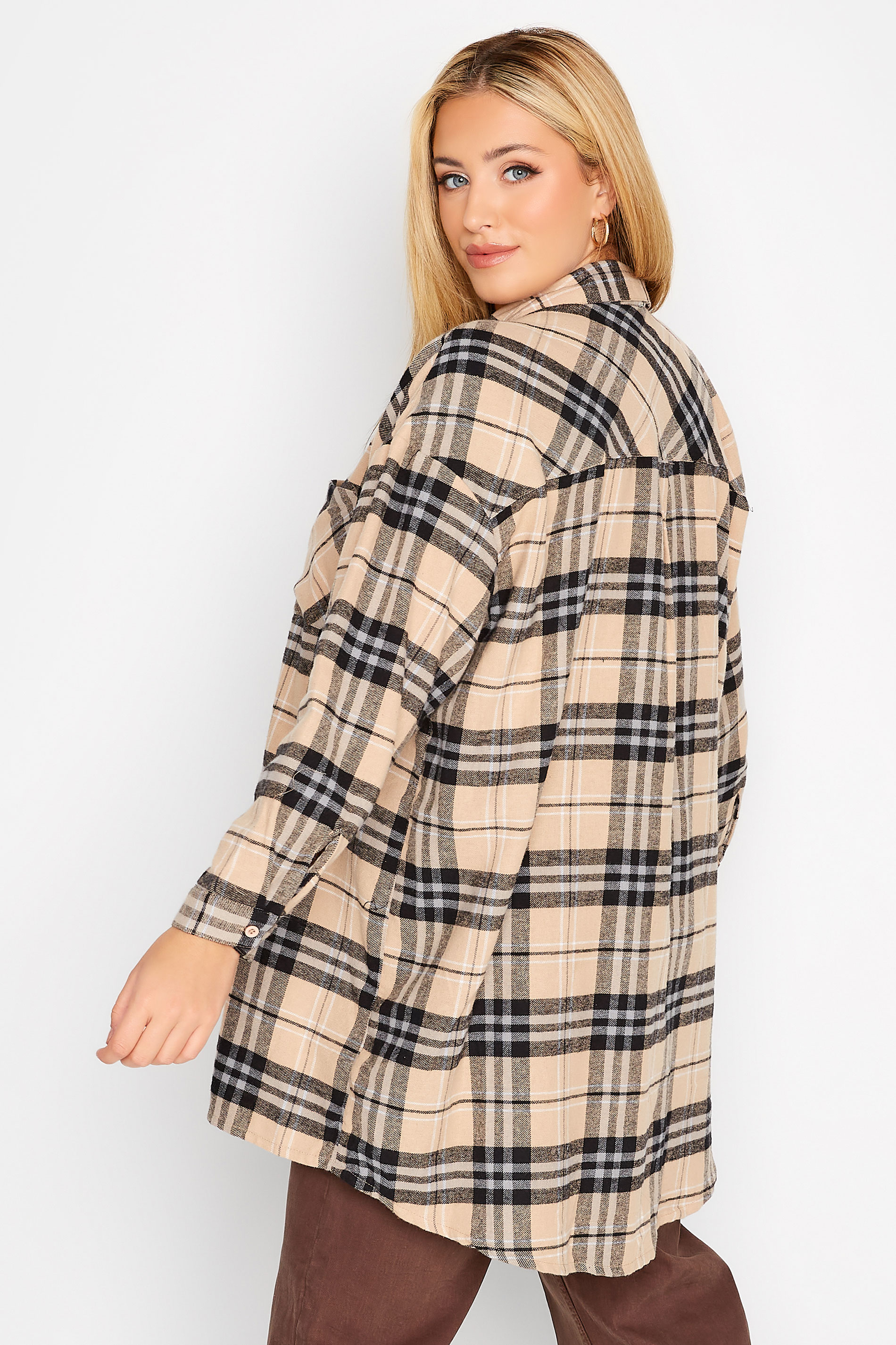 Plus Size Beige Brown Check Brushed Boyfriend Shirt | Yours Clothing