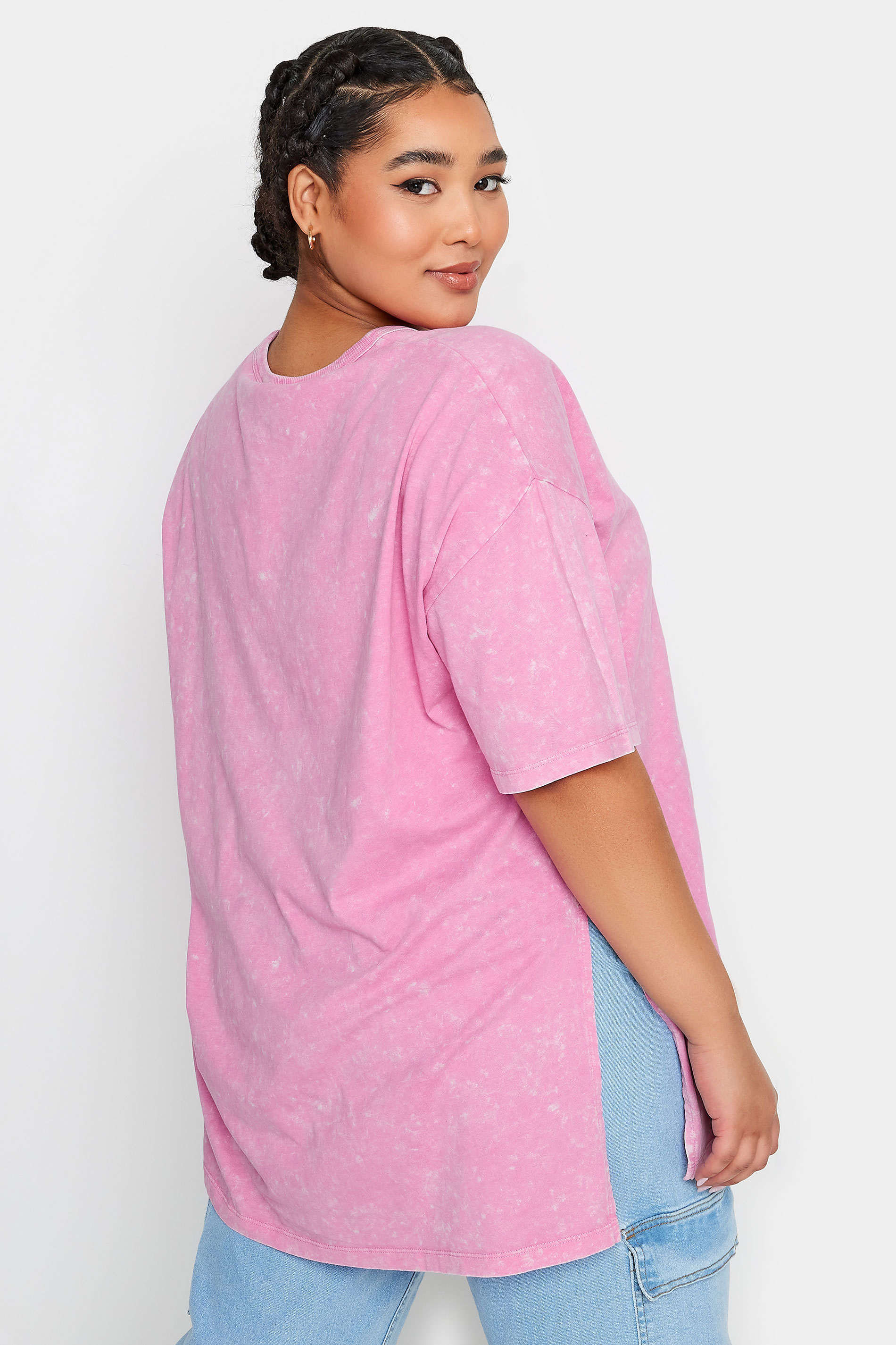 YOURS Plus Size Pink Acid Wash Split Hem Oversized T-Shirt | Yours Clothing 3