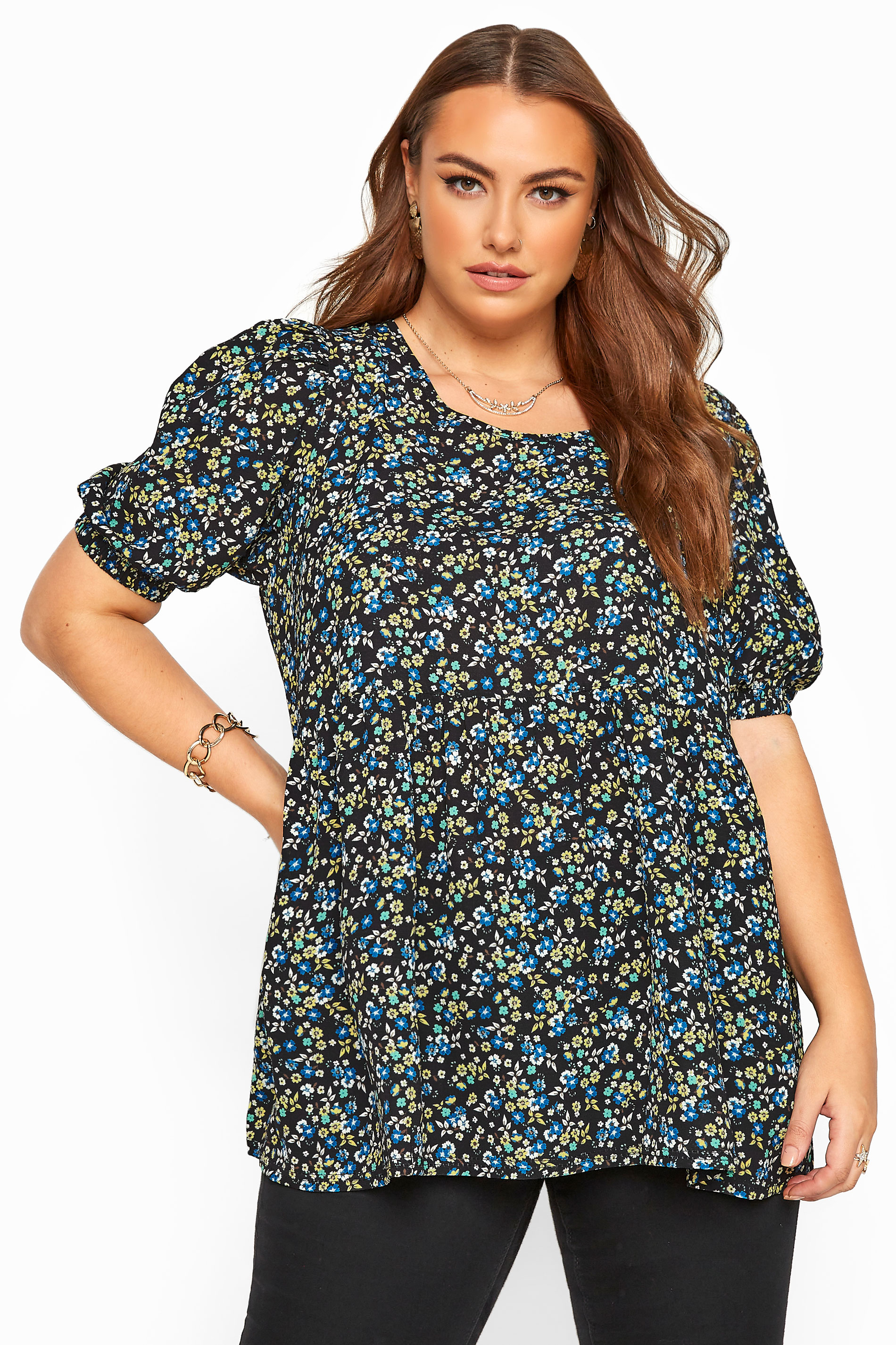 Black Bright Floral Smock Top | Yours Clothing