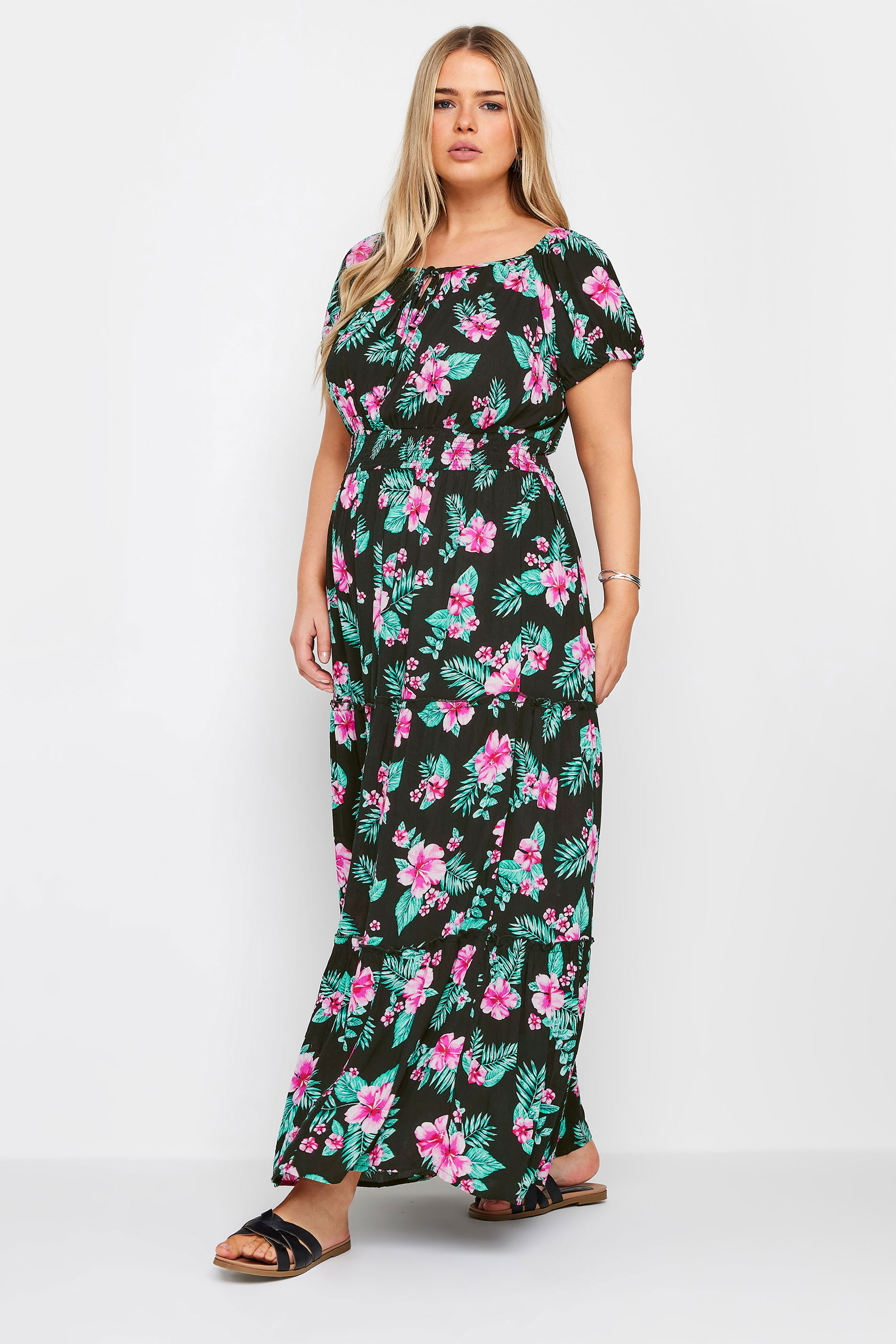 YOURS Plus Size Black Floral Tropical Print Bardot Maxi Dress | Yours Clothing 2