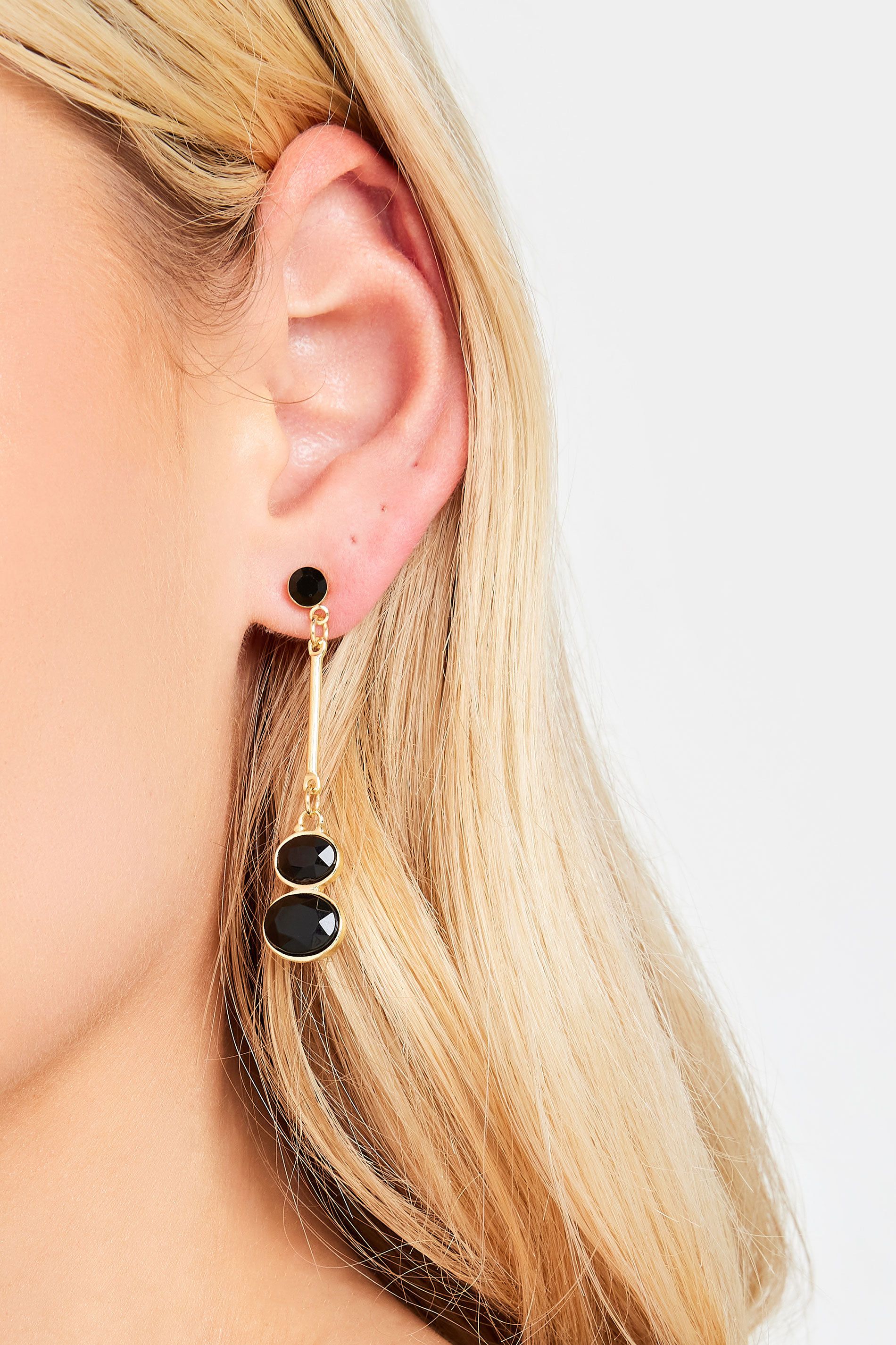 Black & Gold Tone Double Gem Drop Earrings | Yours Clothing 1