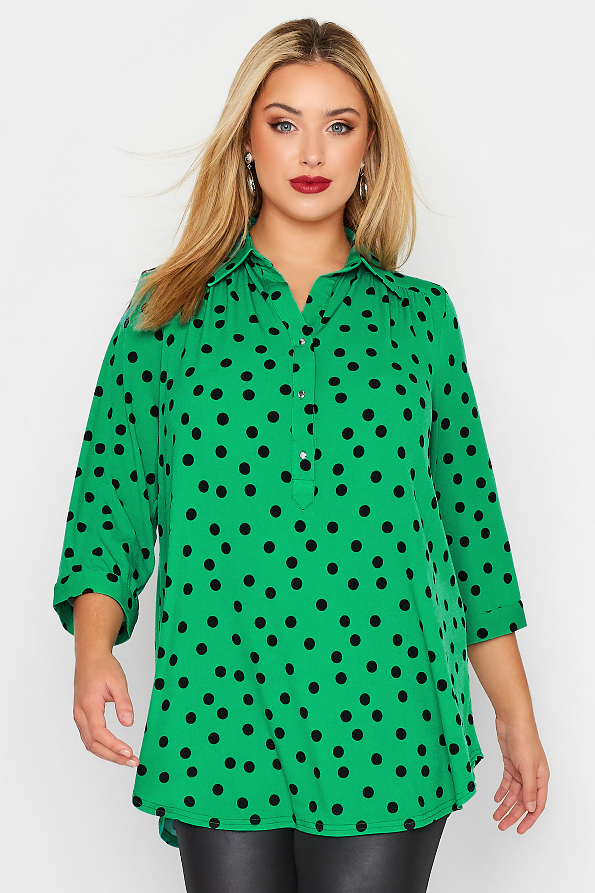 YOURS LONDON Plus Size Green Polka Dot Print Shirt | Yours Clothing 1