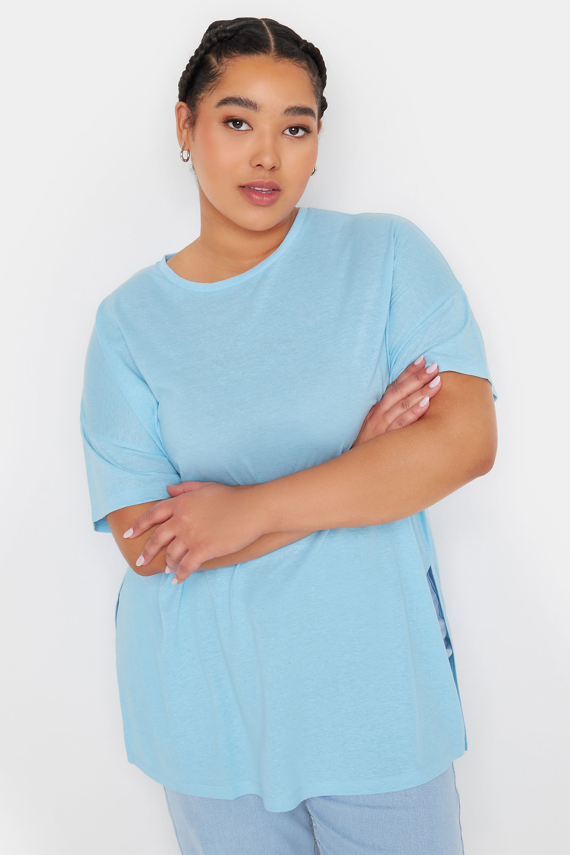 YOURS Plus Size Blue Oversized Linen T-Shirt | Yours Clothing 2