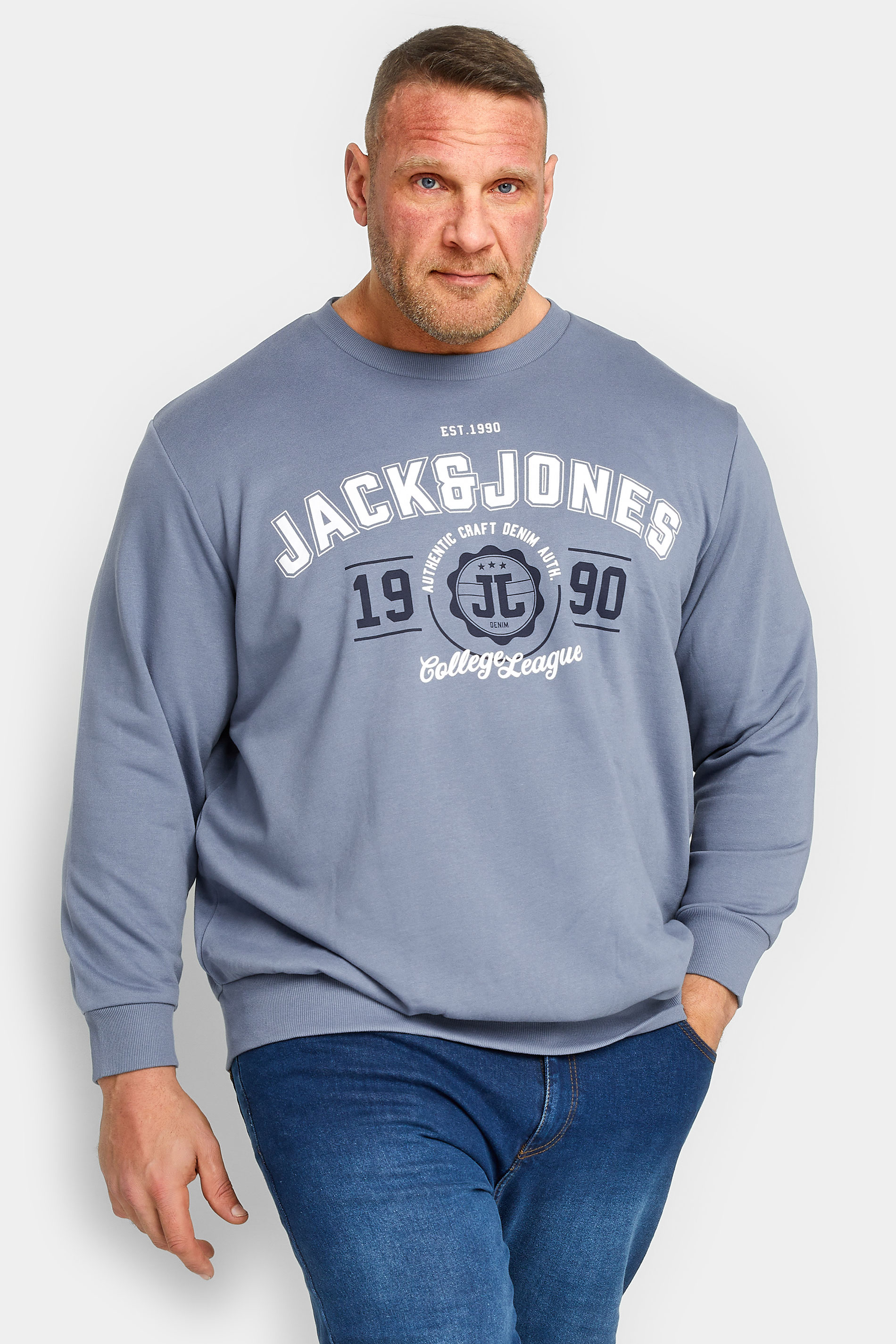 JACK & JONES Big & Tall Grey Logo Print Sweatshirt | BadRhino 1