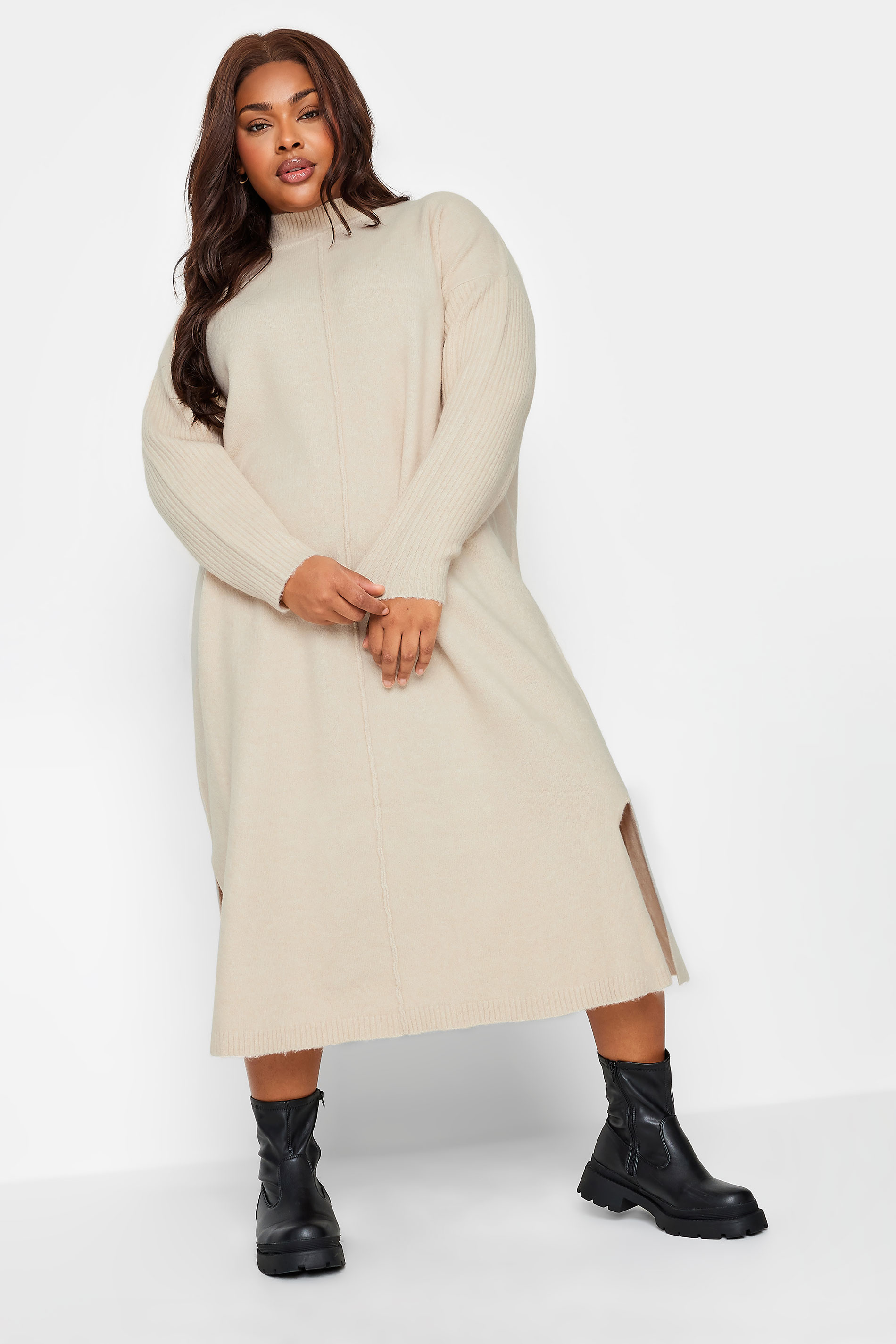 YOURS Plus Size Cream Front Seam Detail Knitted Jumper Dress | Yours Clothing 2