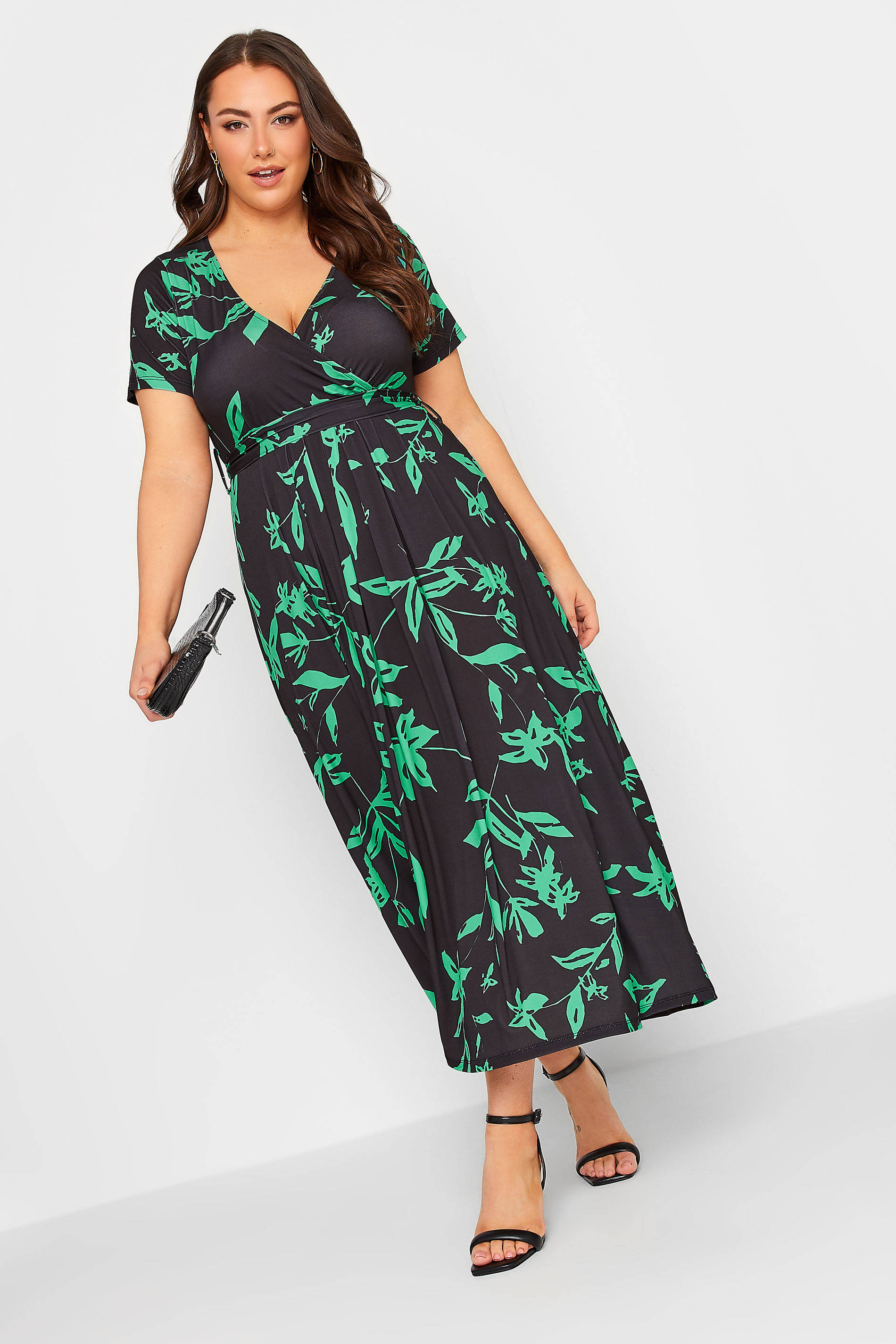 YOURS Curve Plus Size Green V-Neck Floral Wrap Dress | Yours Clothing  1