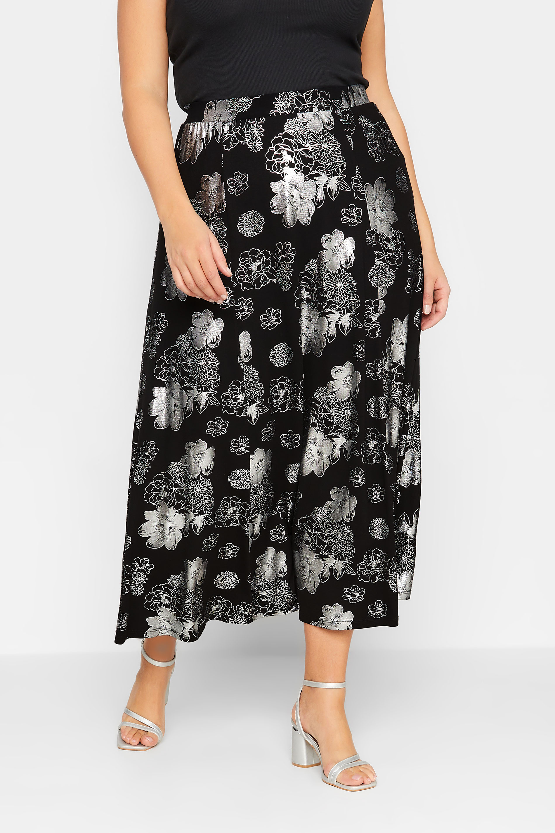 YOURS LUXURY Plus Size Black & Silver Floral Foil Printed Skirt | Yours Clothing 1