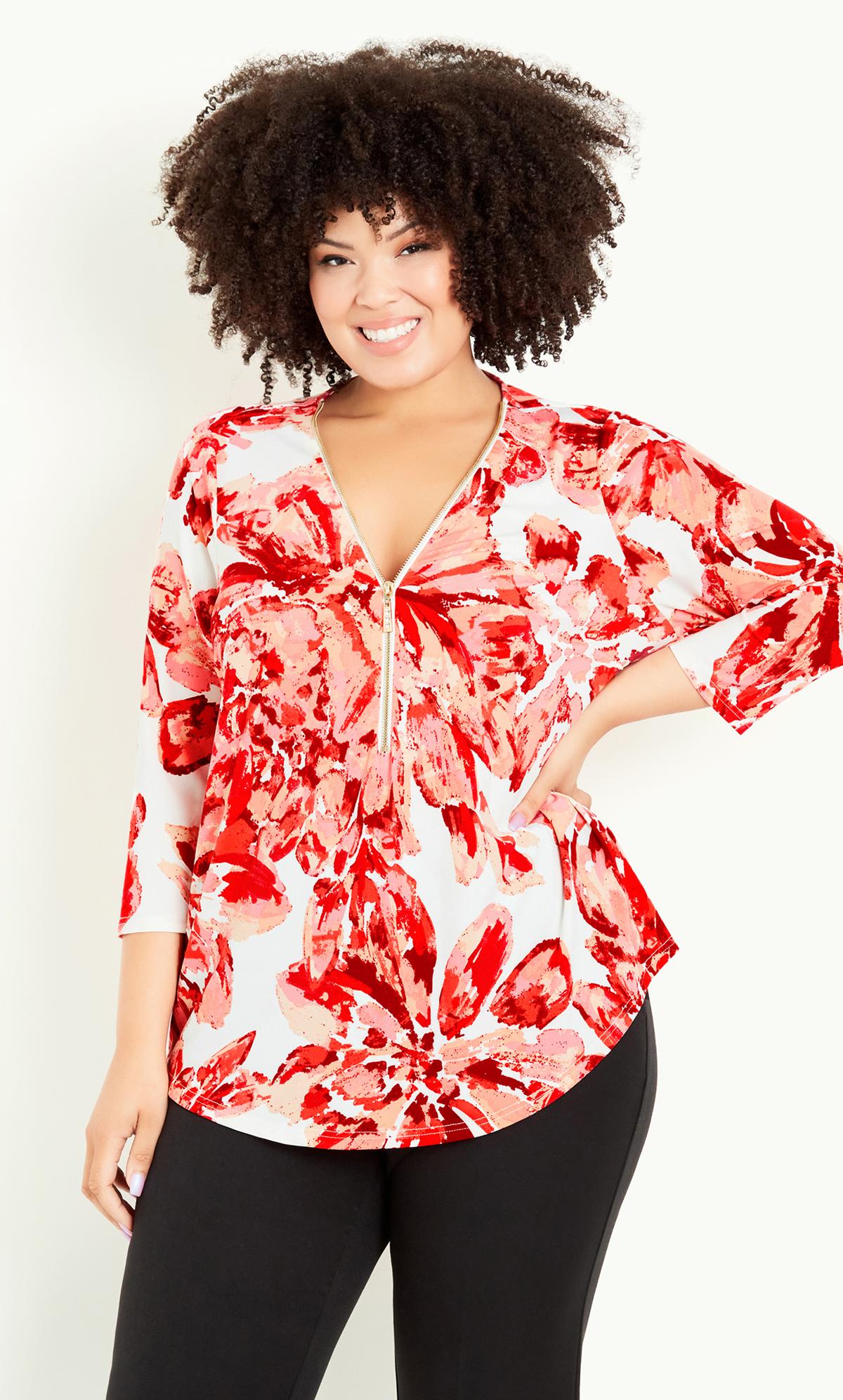 Evans White & Red Floral Print Zip Neck Top 2