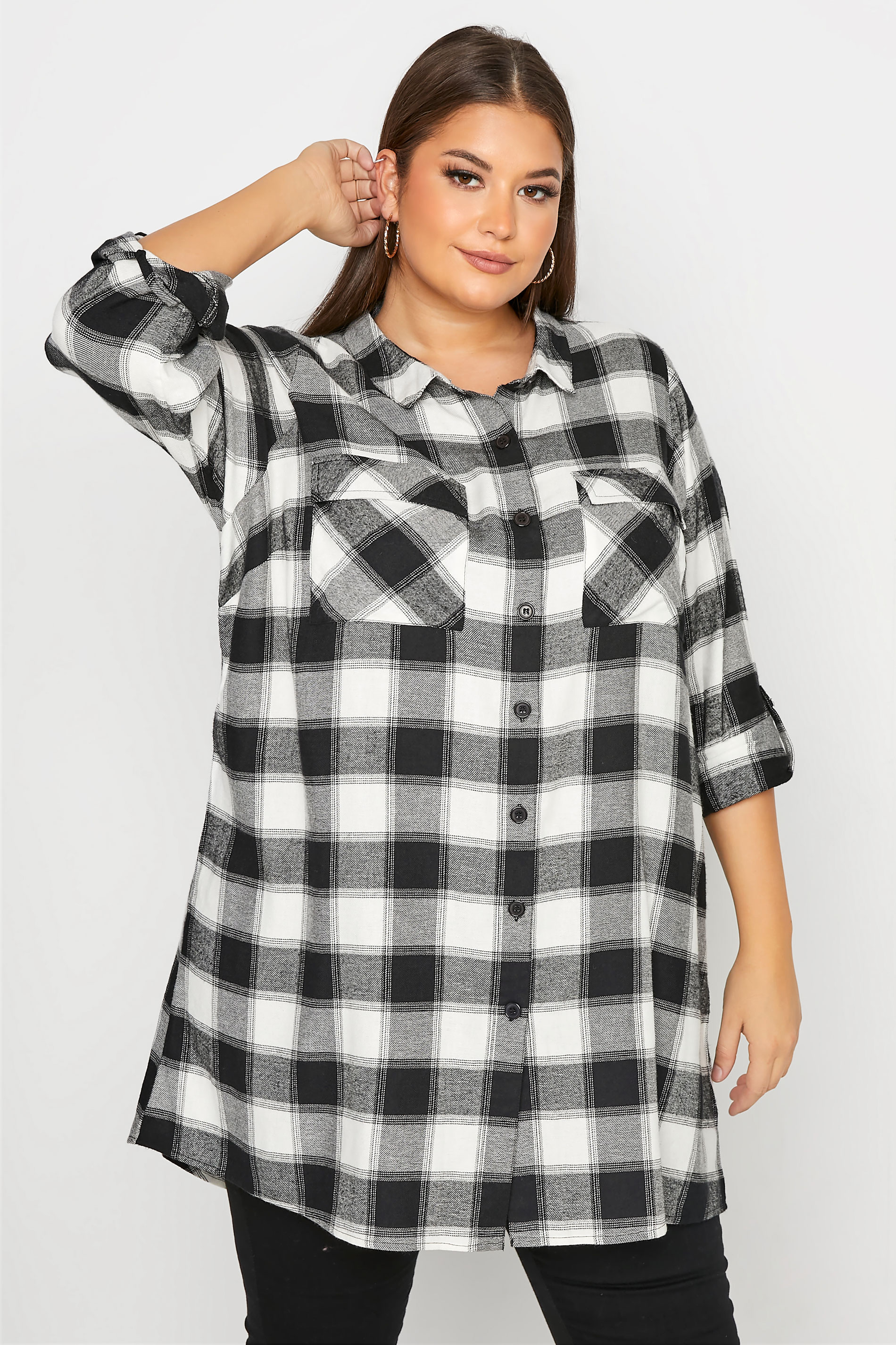 Plus Size Black & White Check Longline Boyfriend Shirt | Yours Clothing 1