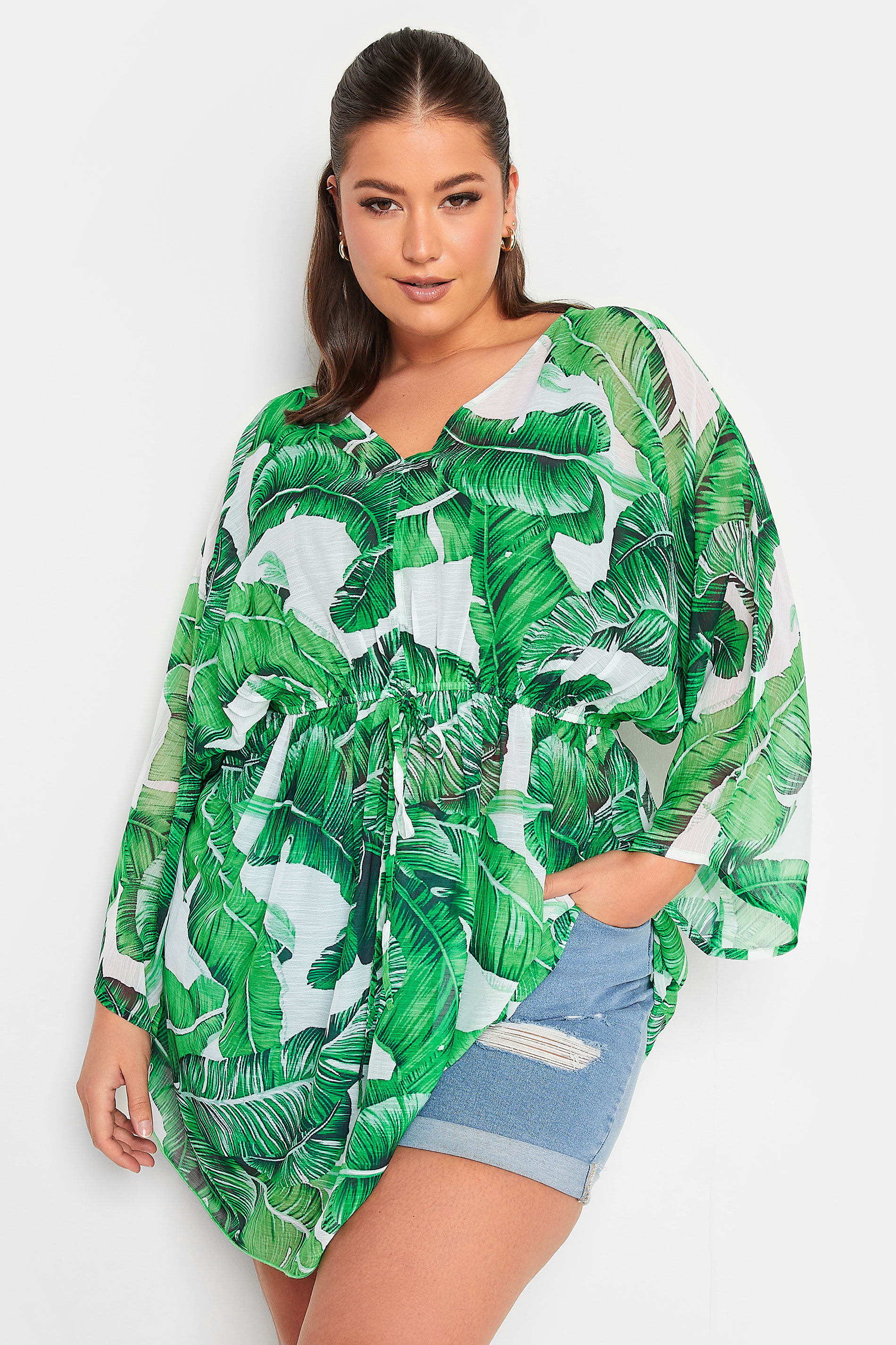 YOURS Plus Size Green Leaf Print Kimono | Yours Clothing 1