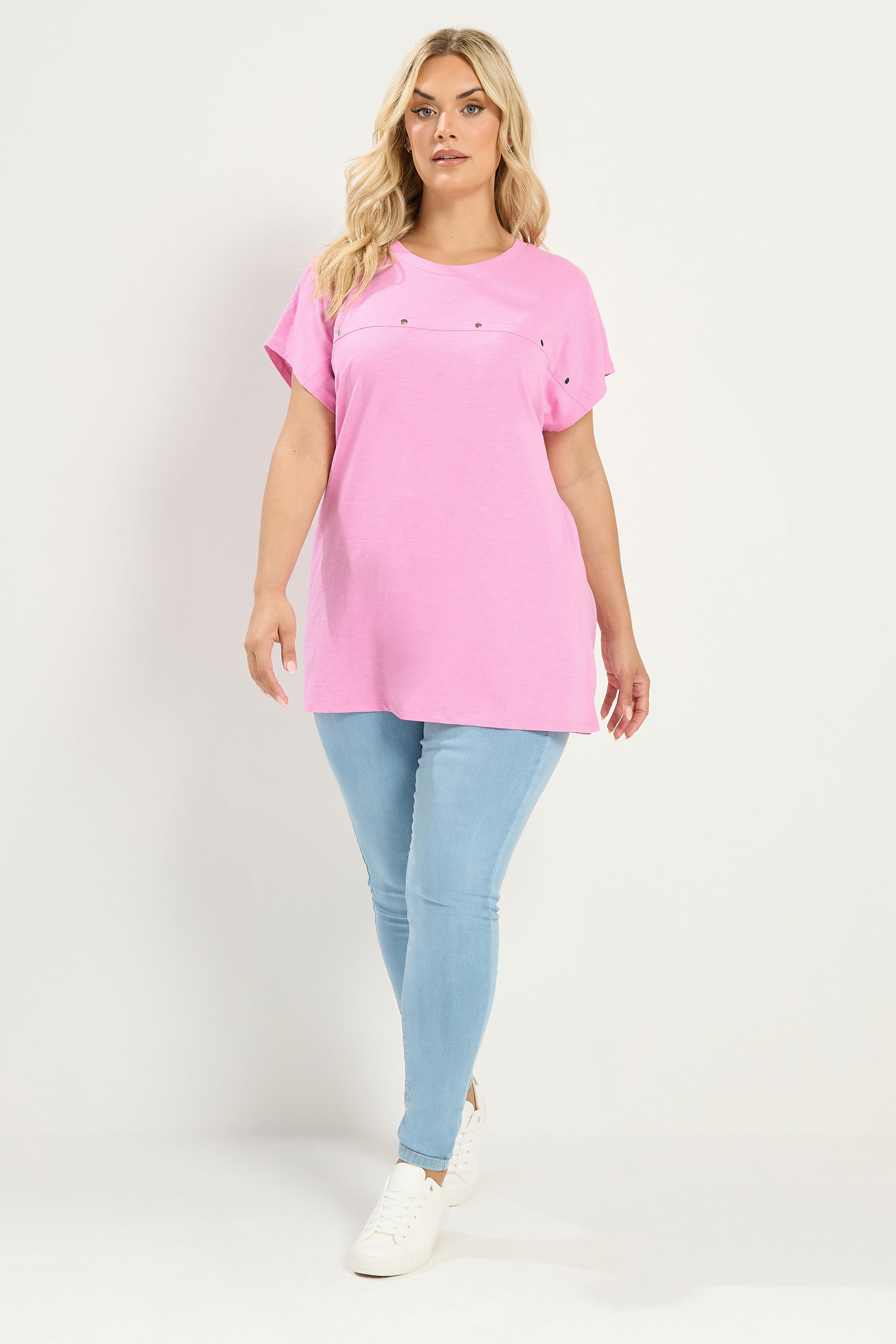 YOURS Plus Size Pink Stud Grown-On Sleeve T-Shirt | Yours Clothing 1