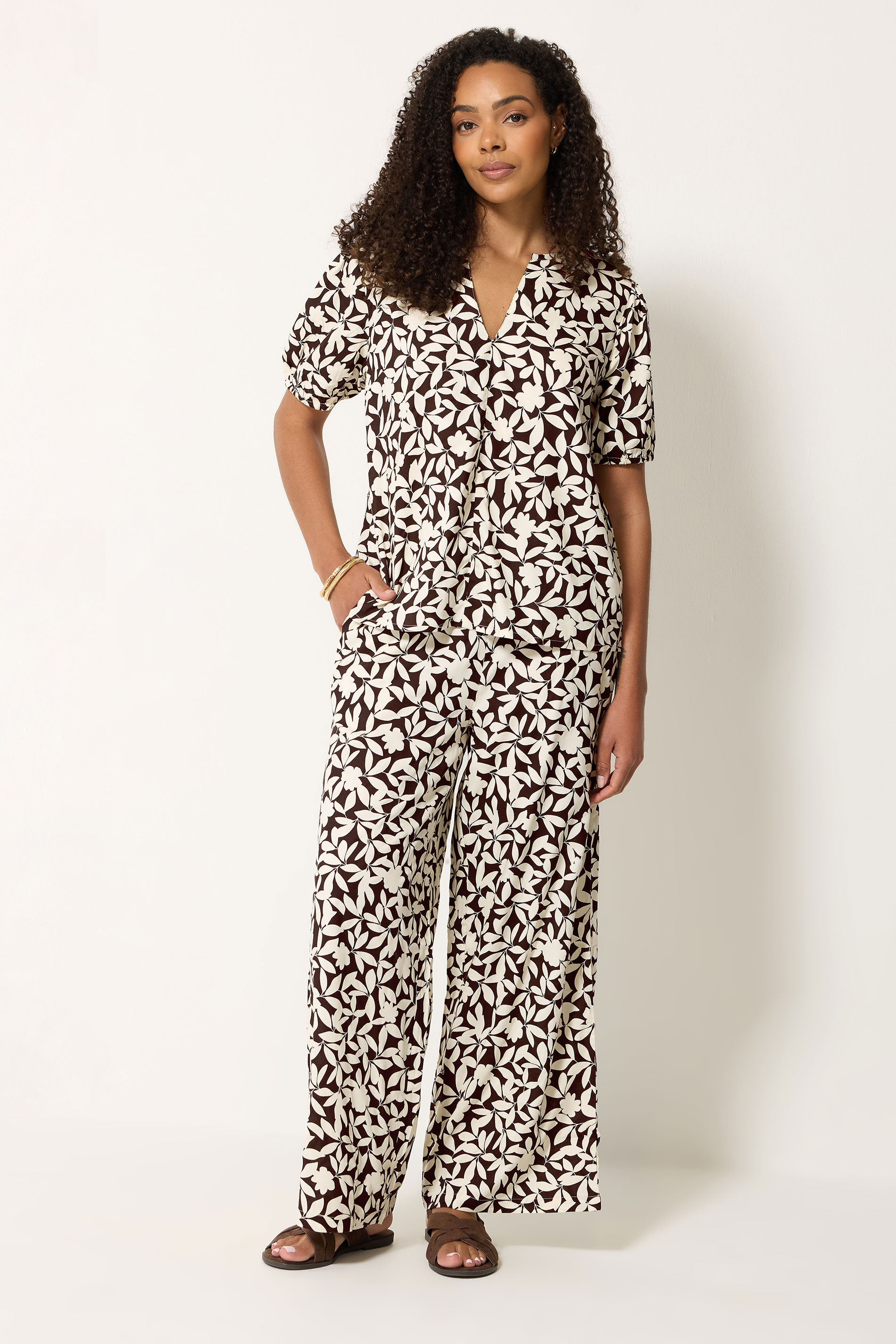 M&Co Set Chocolate Brown Leaf Print Top & Trousers | M&Co 5