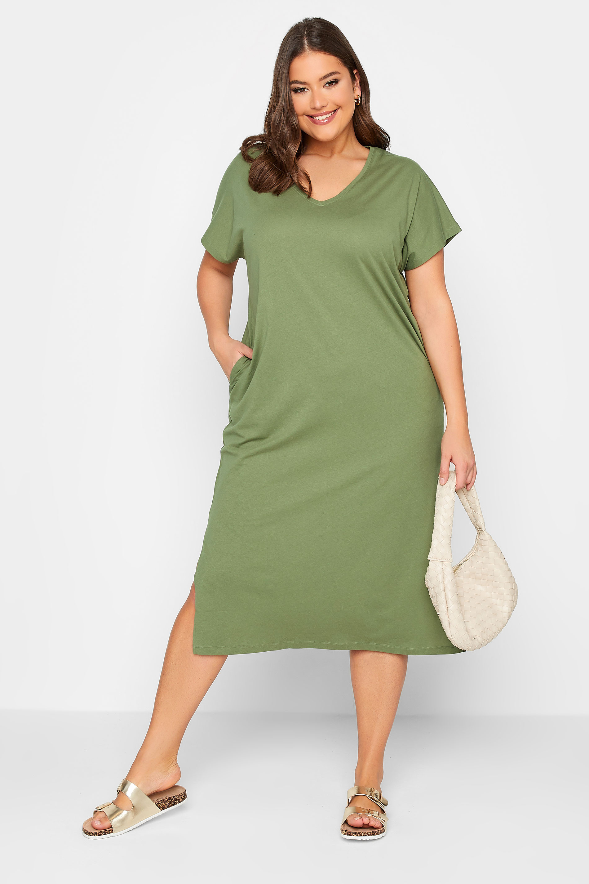 YOURS Plus Size Khaki Green Side Split Midaxi T-Shirt Dress | Yours Clothing 2