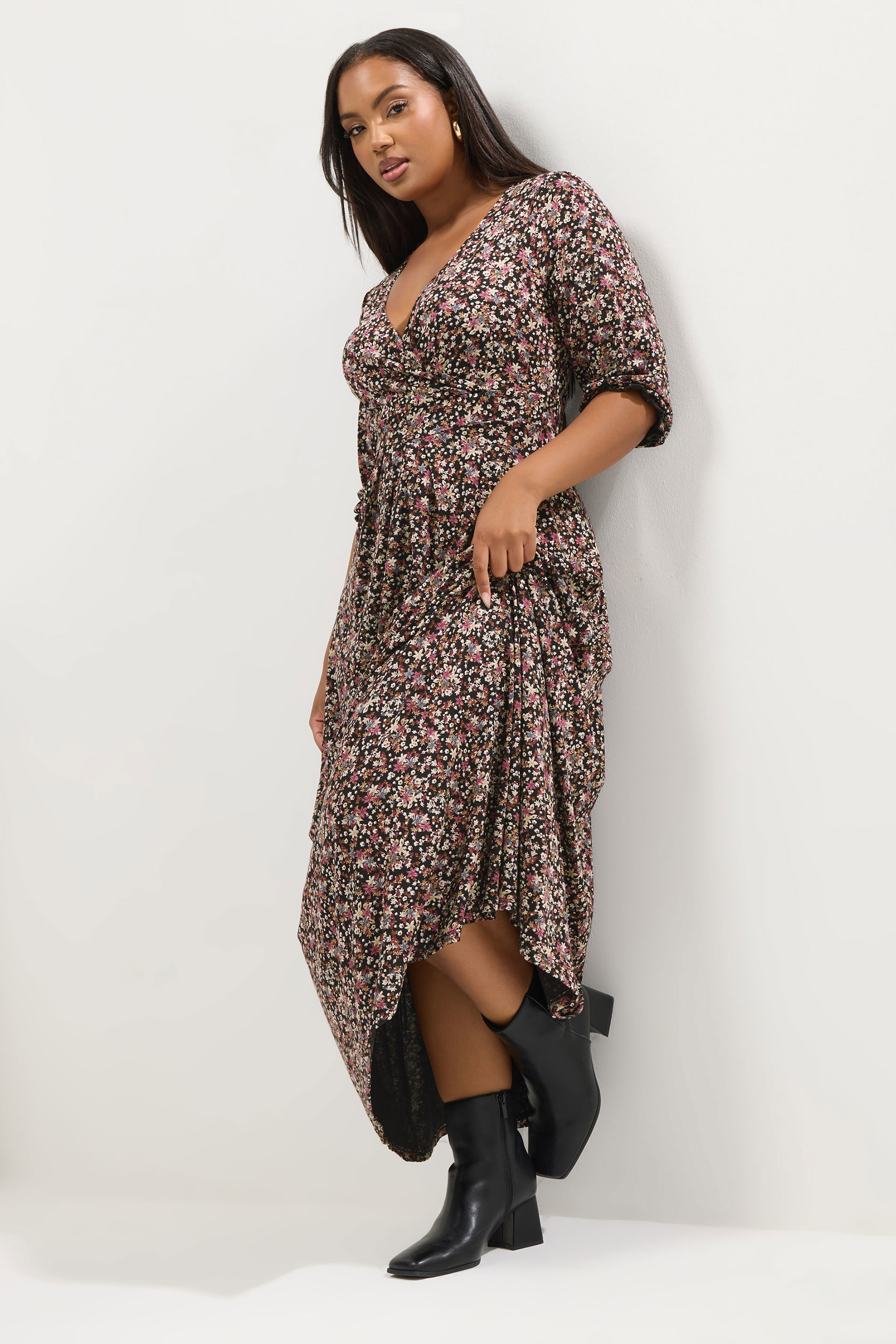 YOURS Plus Size Black Floral V Neck Wrap Maxi Dress Yours Clothing YOURS Plus Size Black Floral V Neck Wrap Maxi Dress Yours Clothing
