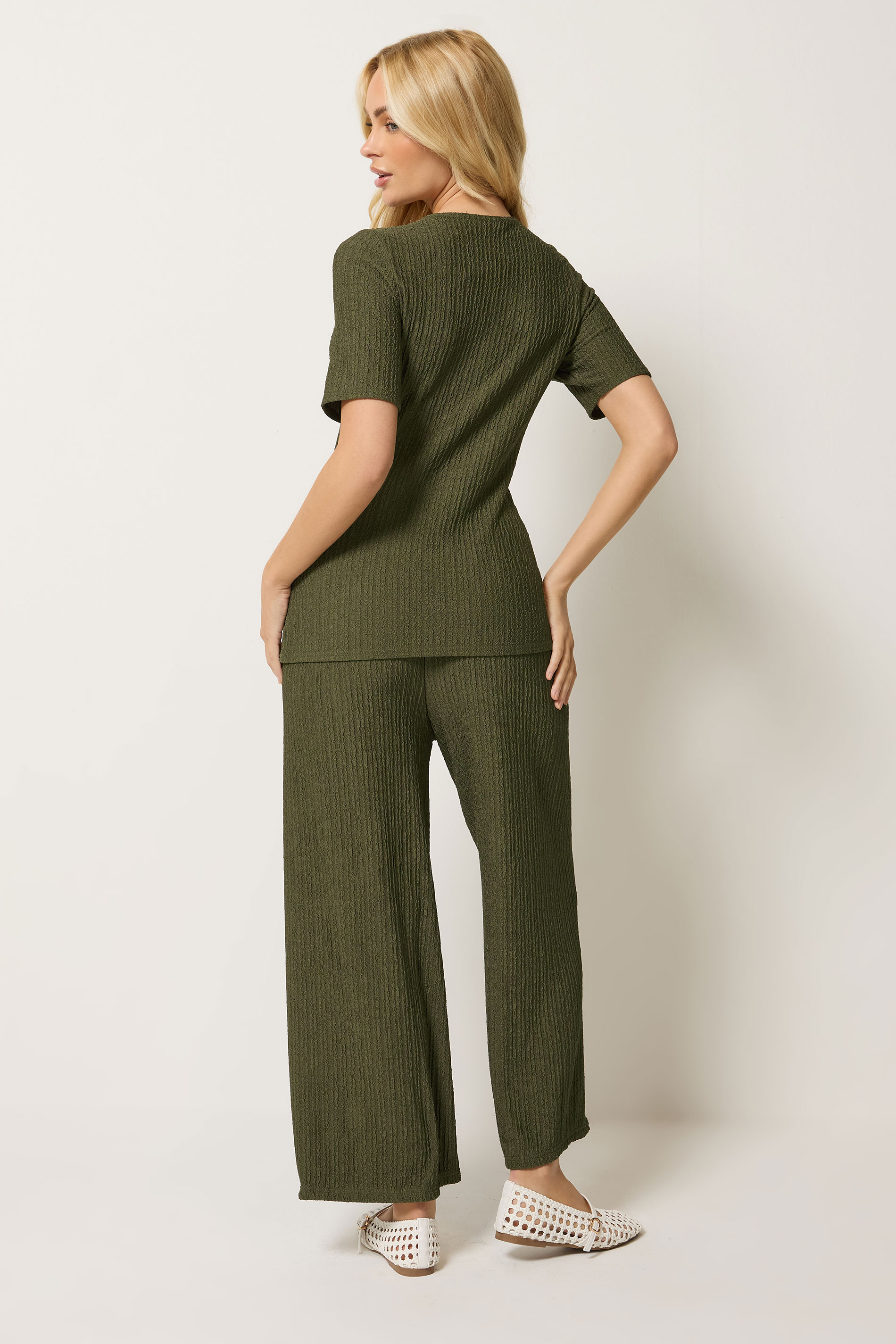 M&Co Khaki Green Textured Top and Trousers Set | M&Co 2
