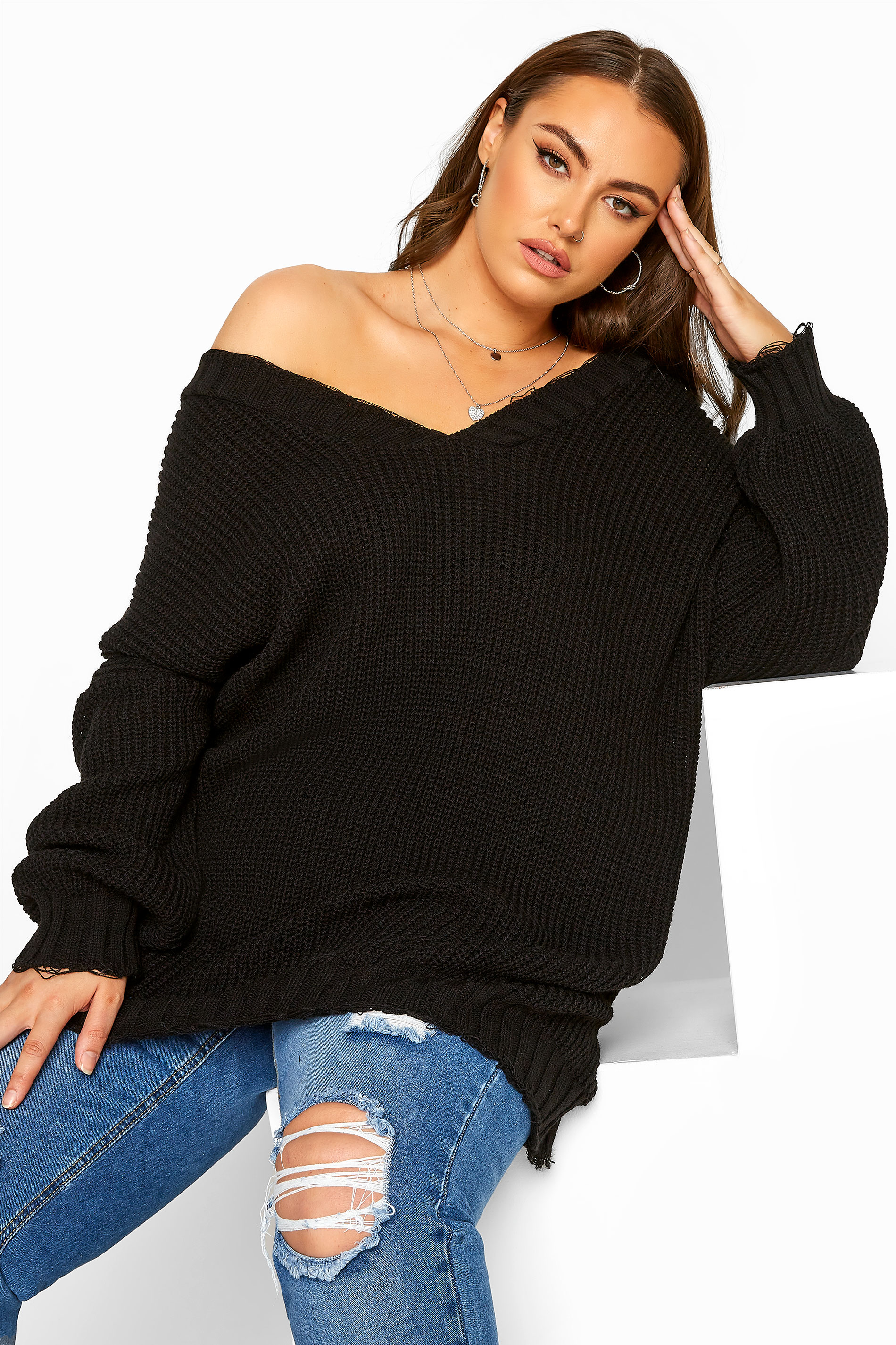 Black Distressed Oversized Knitted Jumper | Yours Clothing