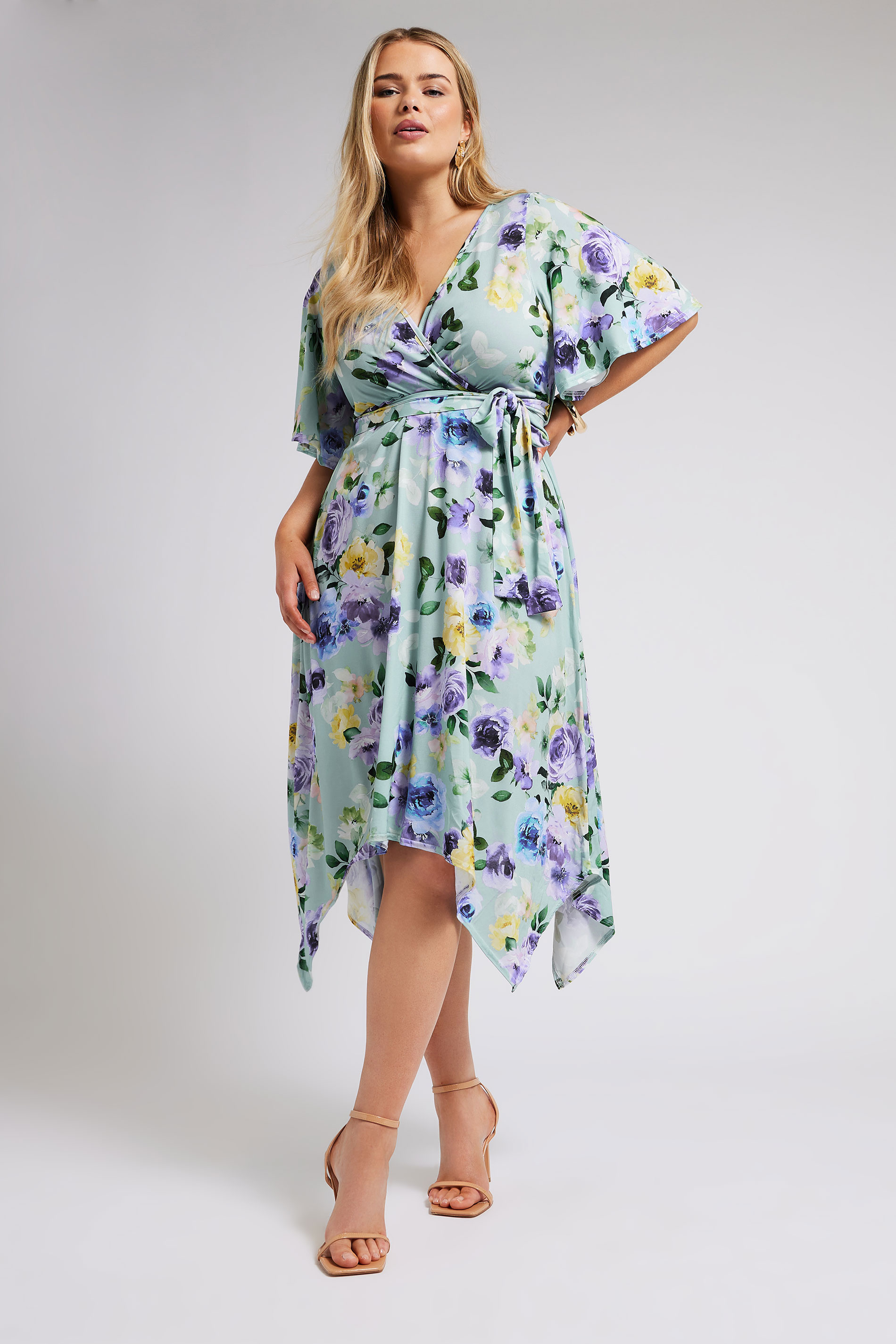 YOURS LONDON Plus Size Sage Green Floral Print Hanky Hem Wrap Dress | Yours Clothing 2