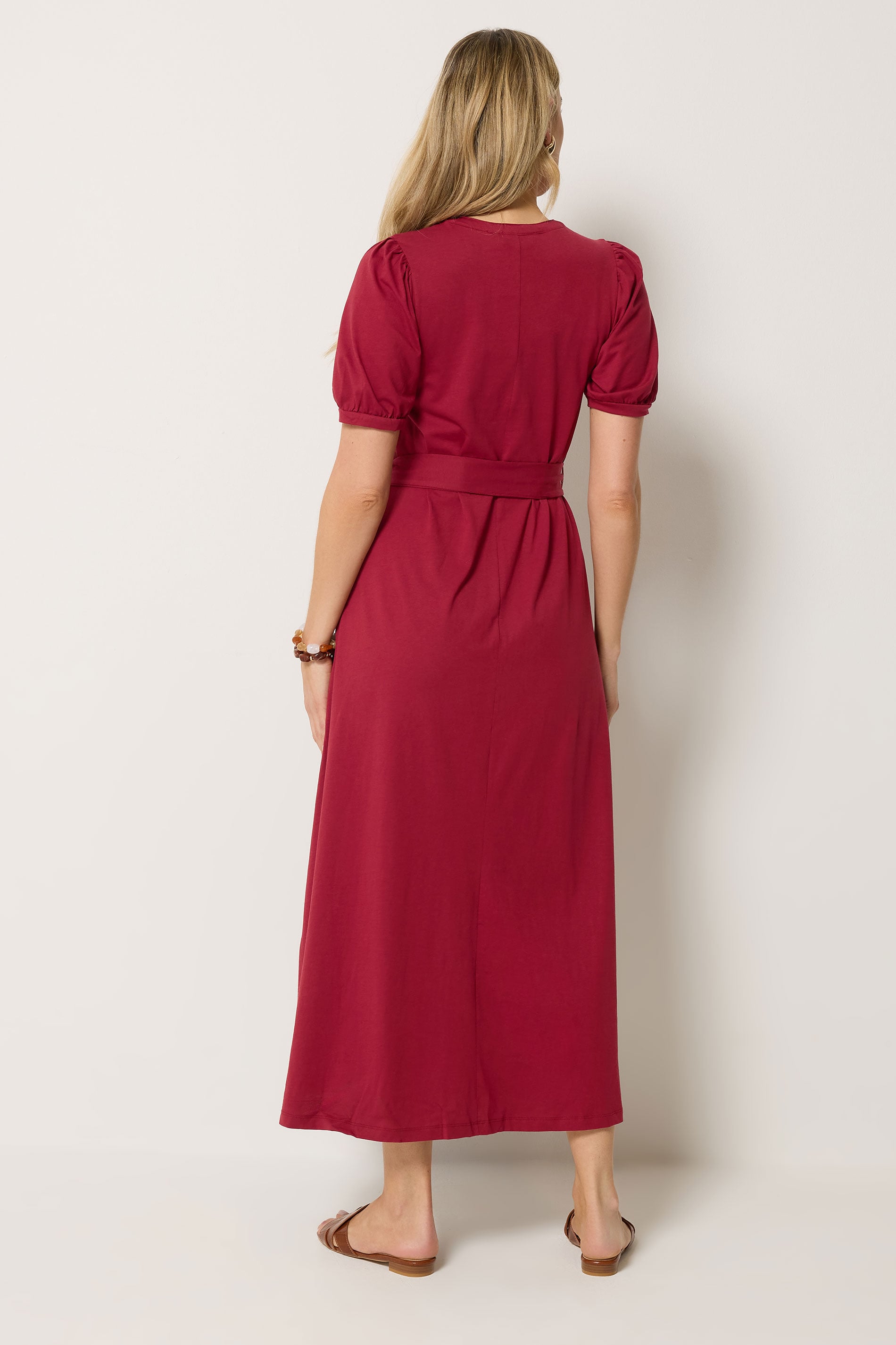 LTS Tall Women's Berry Red Button Belted Cotton Midi Dress | Long Tall Sally  2