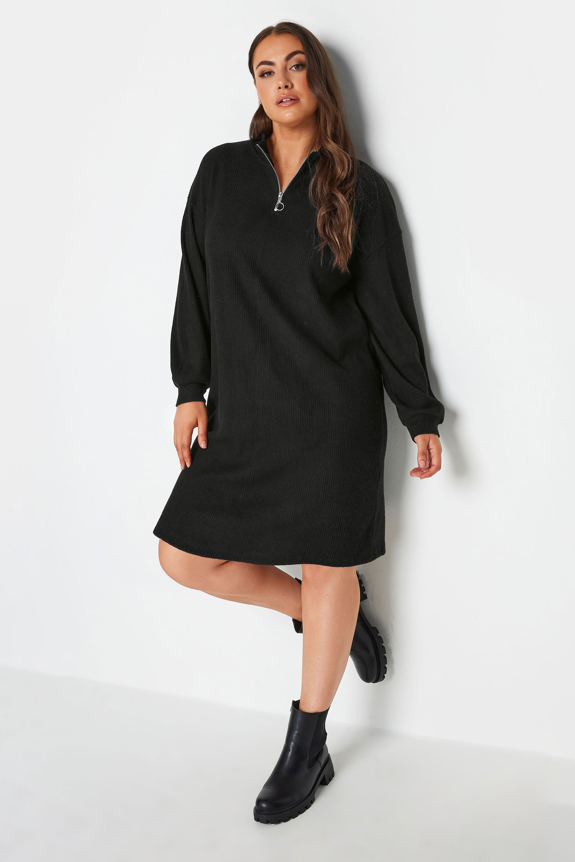 YOURS Plus Size Black Soft Touch Zip Neck Jumper Dress | Yours Clothing 2
