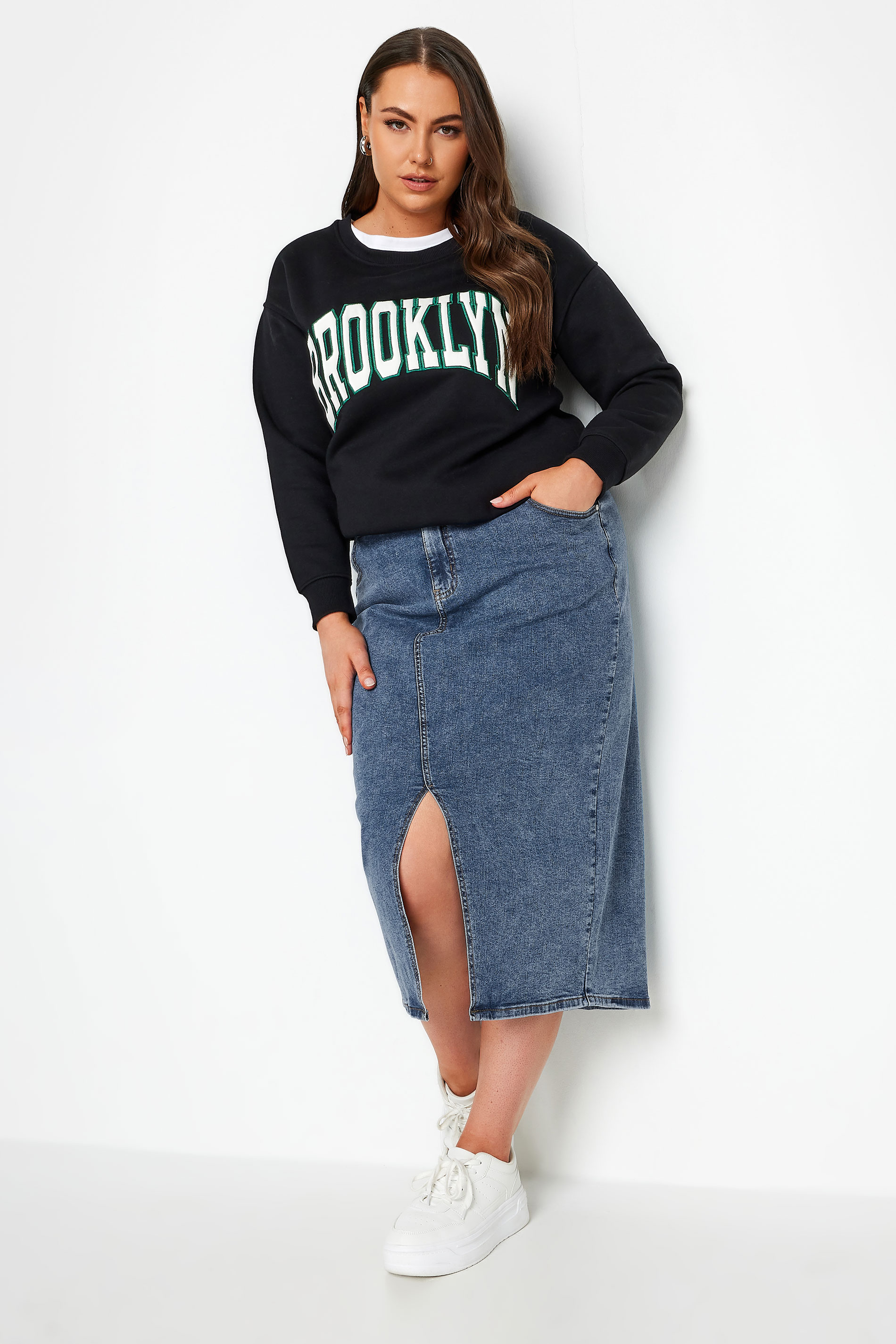 YOURS Plus Size Blue Midi Stretch Denim Skirt | Yours Clothing