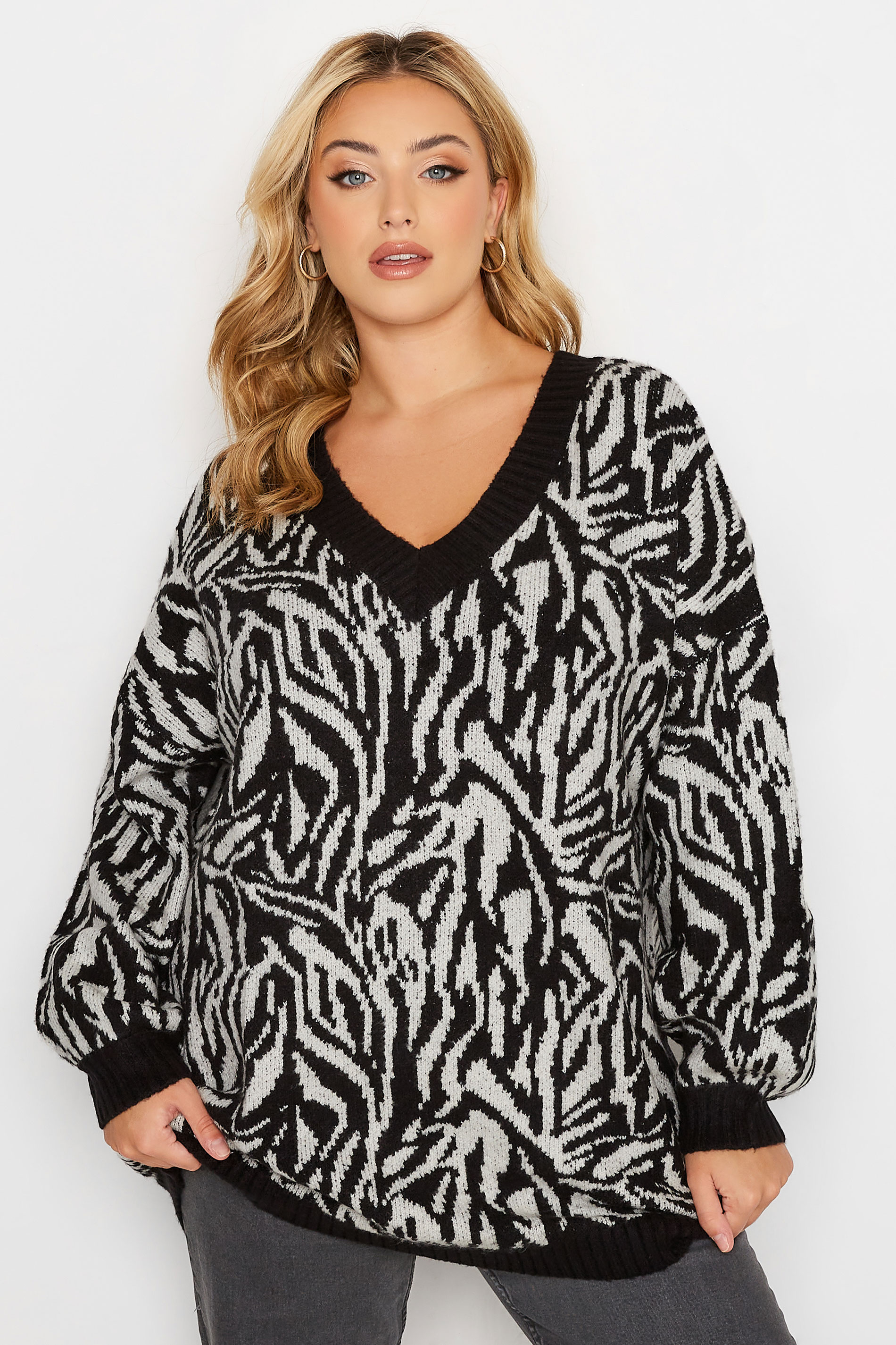 Plus Size Black & White Zebra Print V-Neck Jumper | Yours Clothing 1