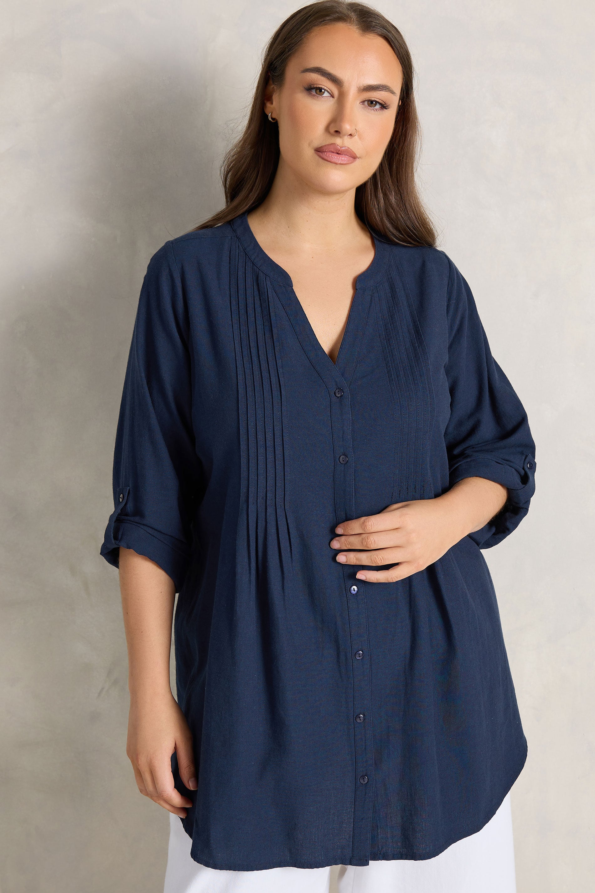 EVANS Plus Size Navy Blue Linen Pintuck Shirt | Evans 3