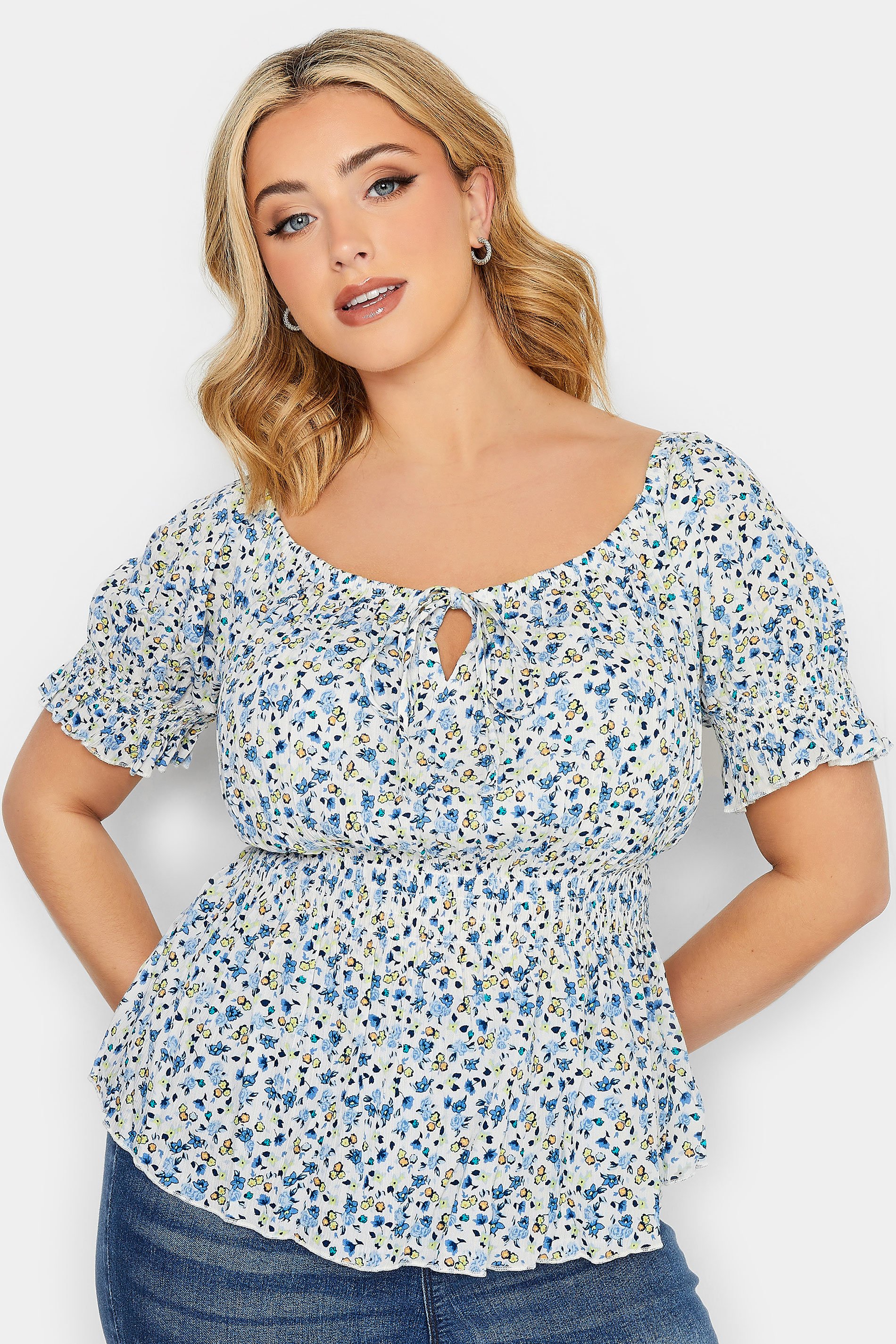 YOURS PETITE Plus Size Curve White & Blue Floral Bardot Top | Yours ...