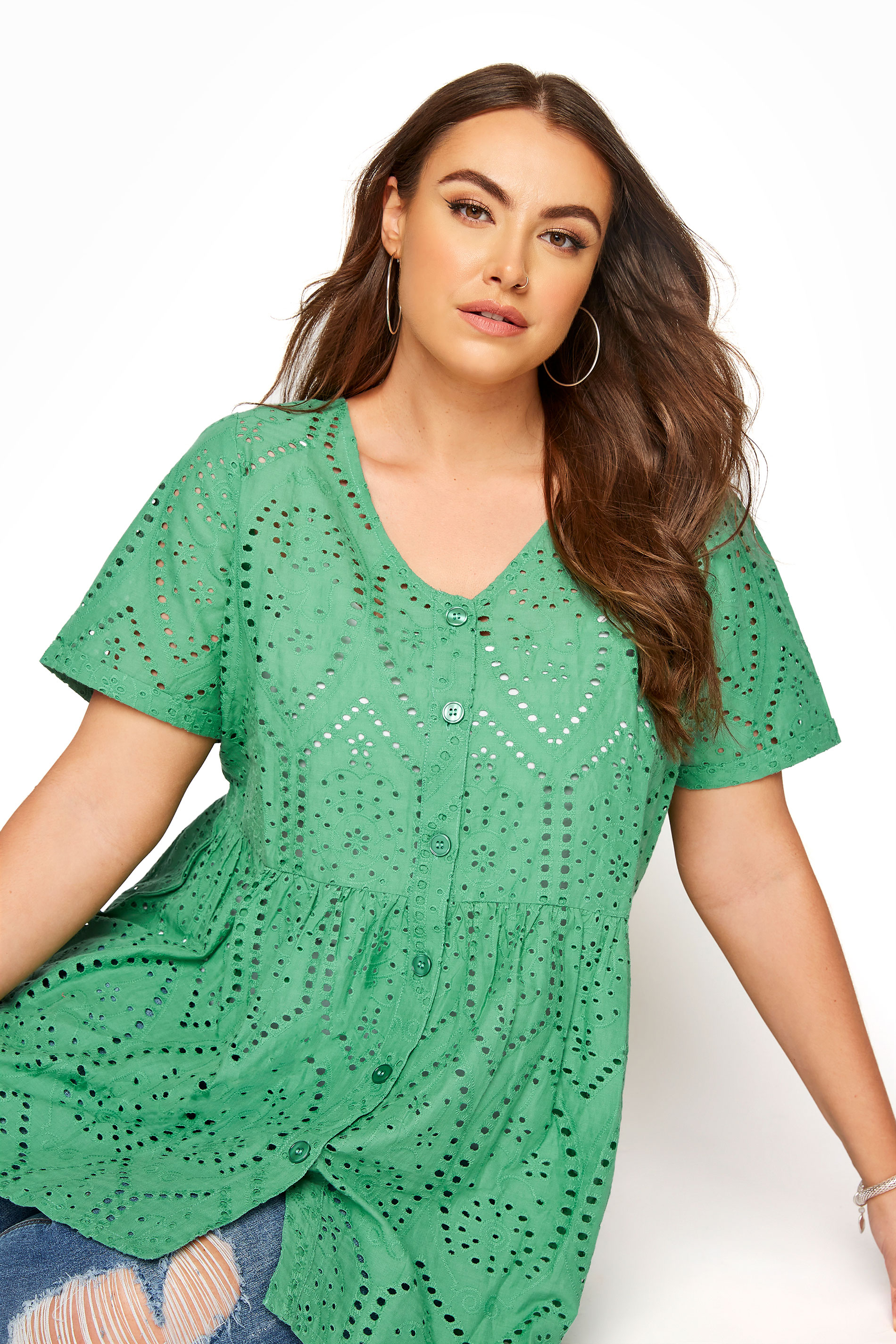Green Broderie Anglaise Peplum Top | Yours Clothing
