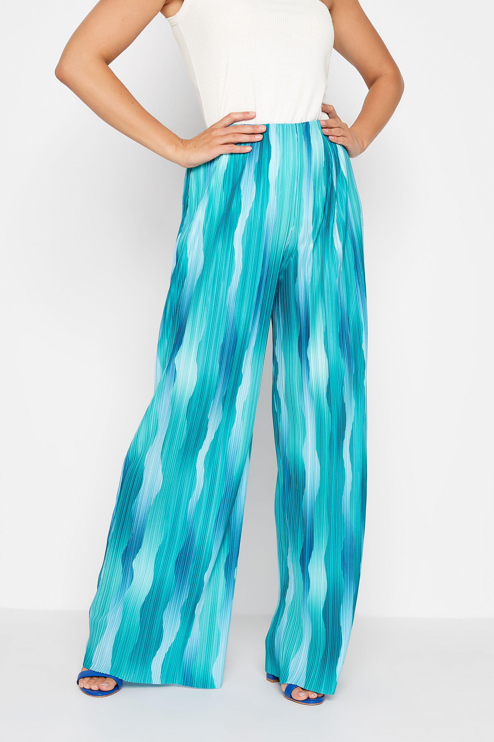 LTS Tall Women's Blue Wave Print Plisse Wide Leg Trousers | Long Tall Sally 1