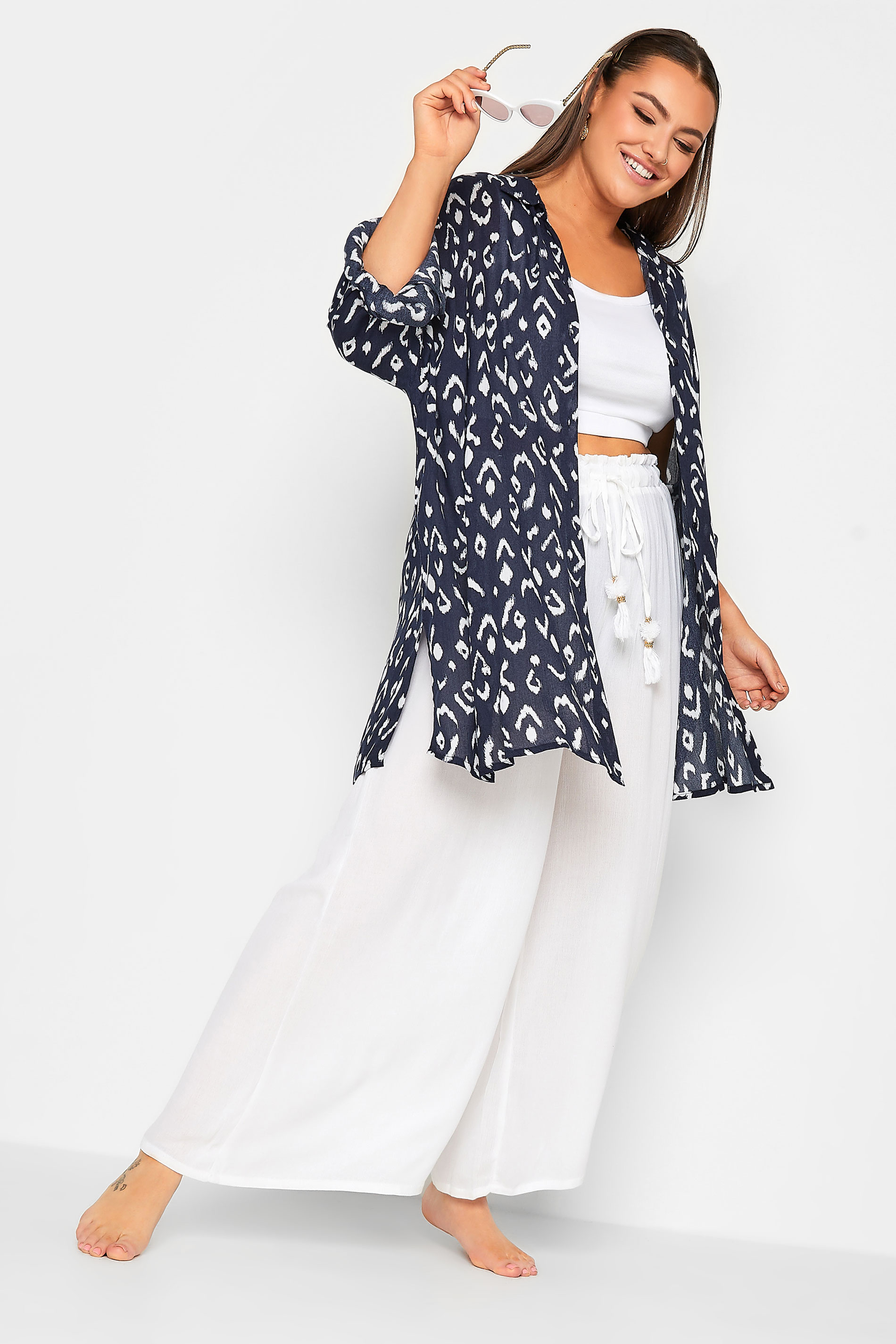 YOURS Plus Size Navy Blue Ikat Print Beach Shirt | Yours Clothing 3