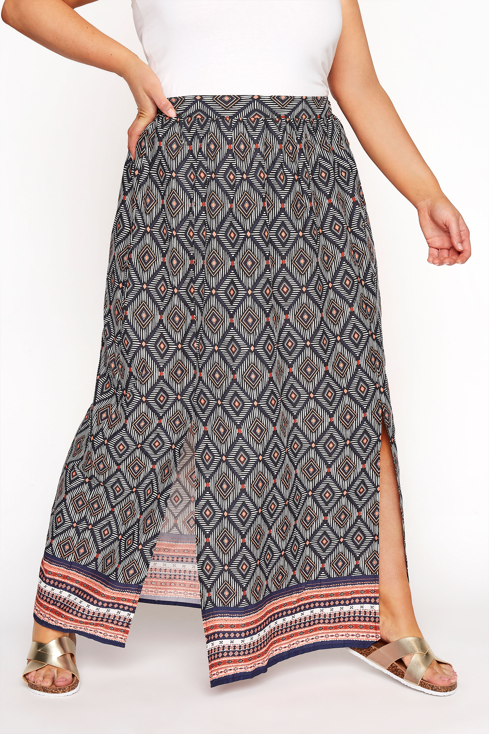 Blue Aztec Border Split Maxi Skirt | Yours Clothing
