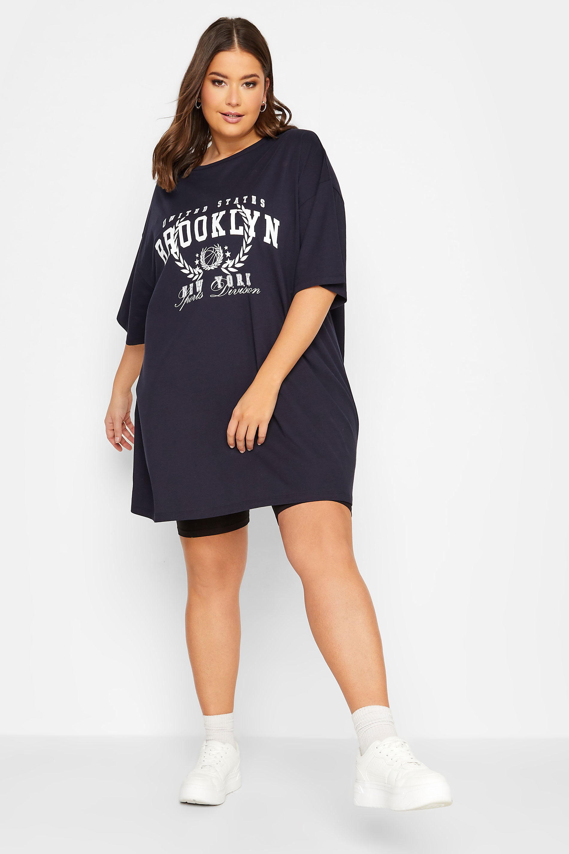 YOURS Curve Plus Size Navy Blue 'Brooklyn' Slogan Oversized Tunic T-Shirt | Yours Clothing  2