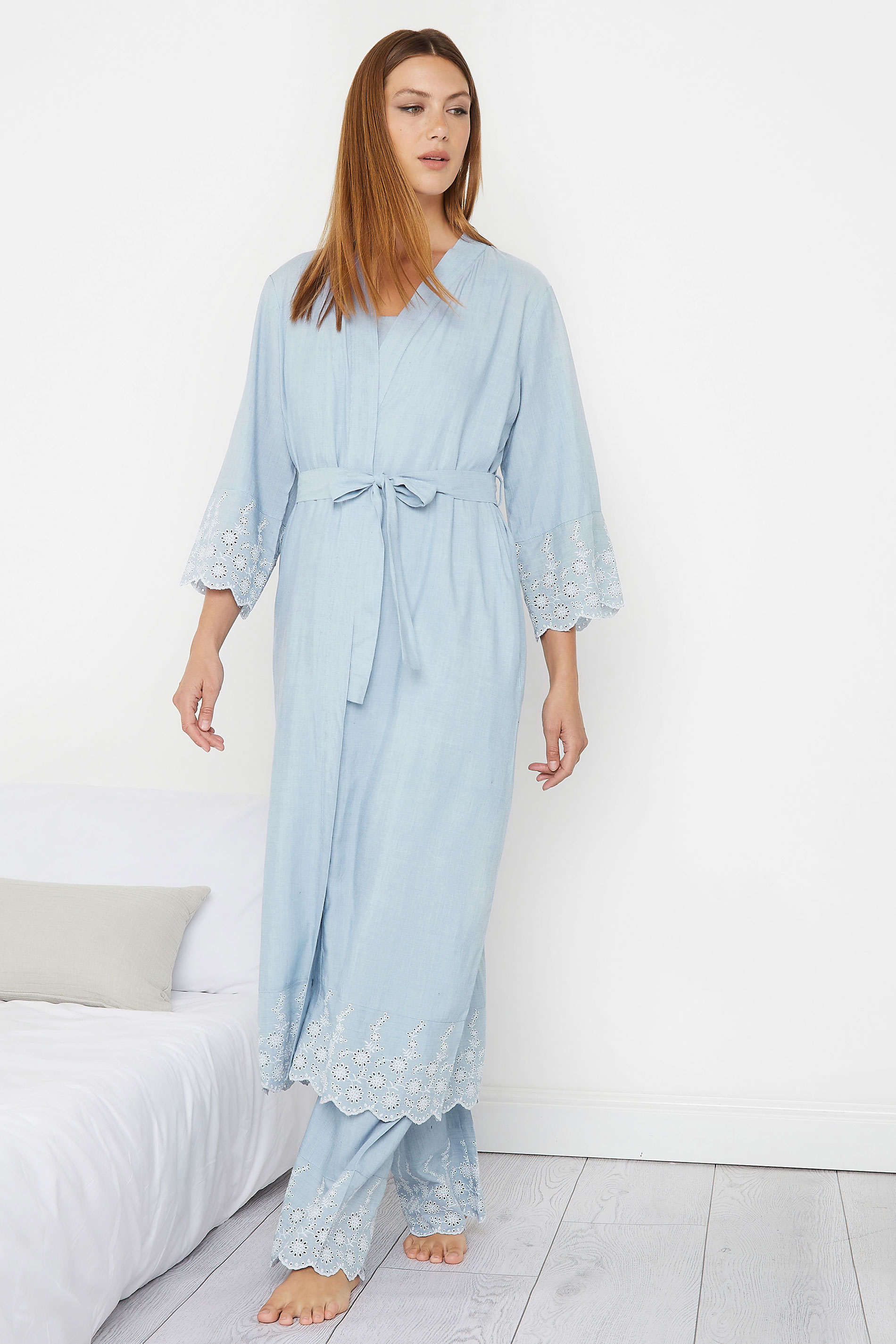 LTS Tall Light Blue Broderie Anglaise Dressing Gown | Long Tall Sally 1