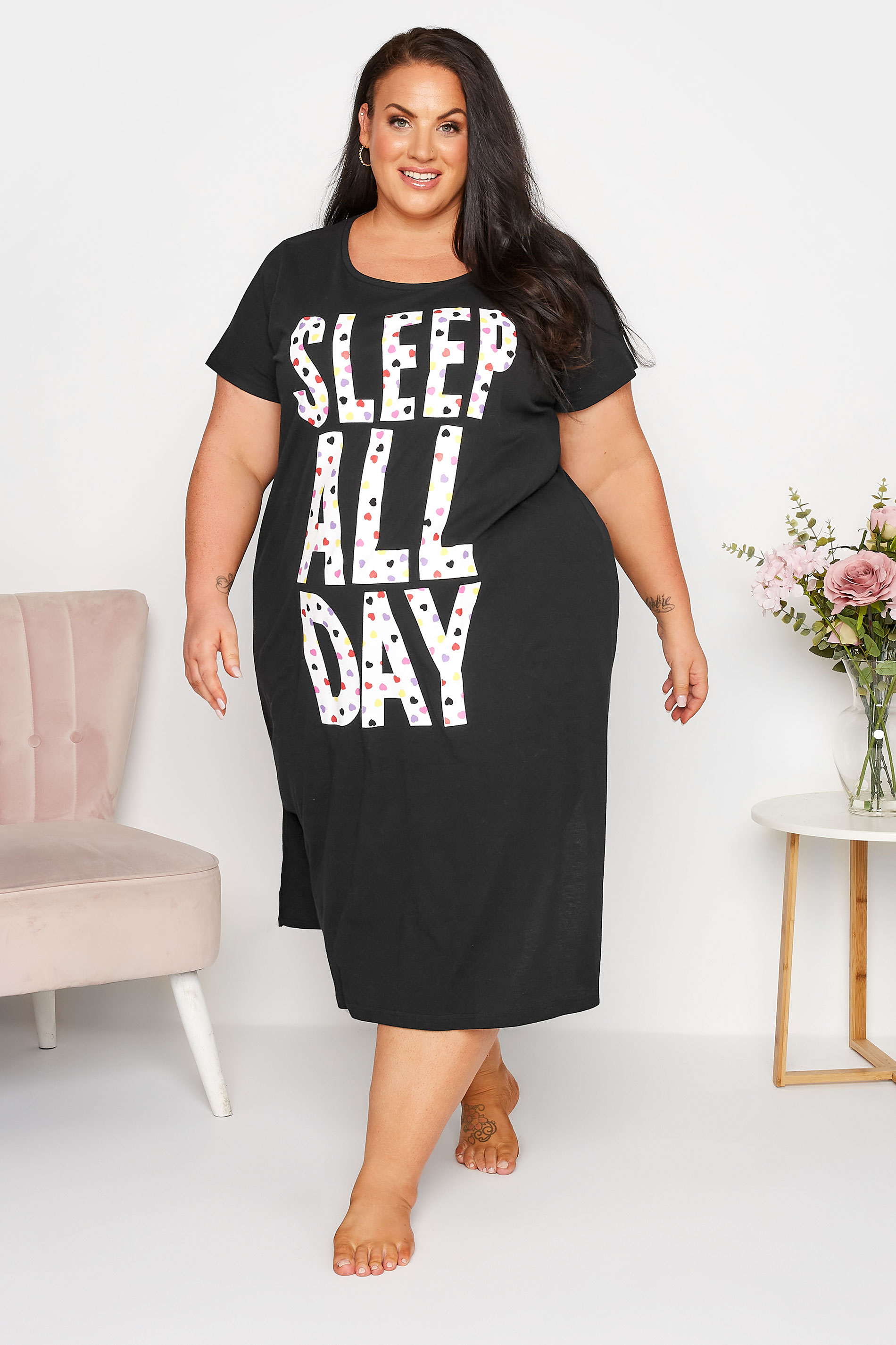 Plus Size Black 'Sleep All Day' Slogan Midaxi Nightdress | Yours Clothing 1