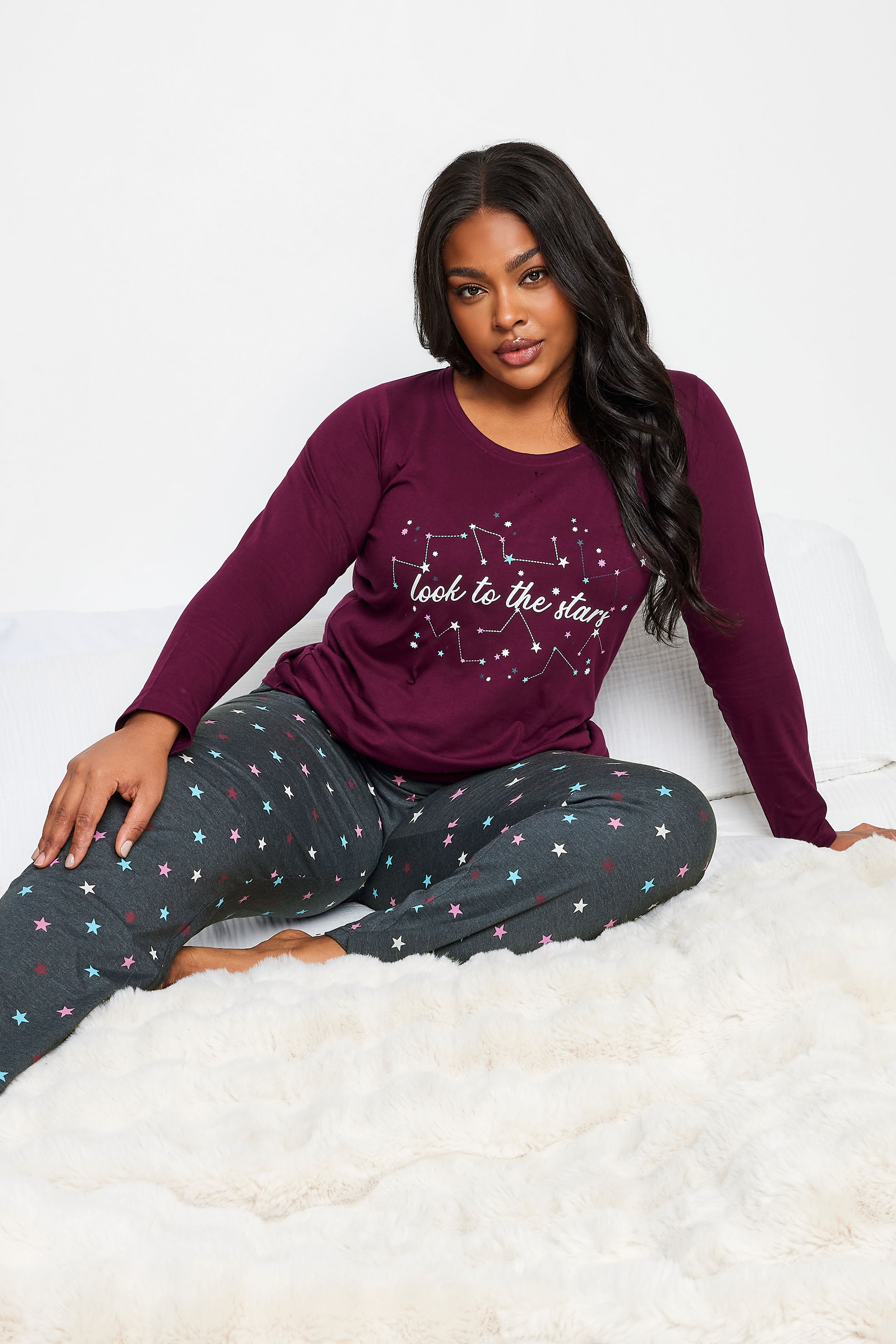 YOURS Plus Size Wine Red 'Look At The Stars' Star Print Pyjama Set | Yours Clothing 2