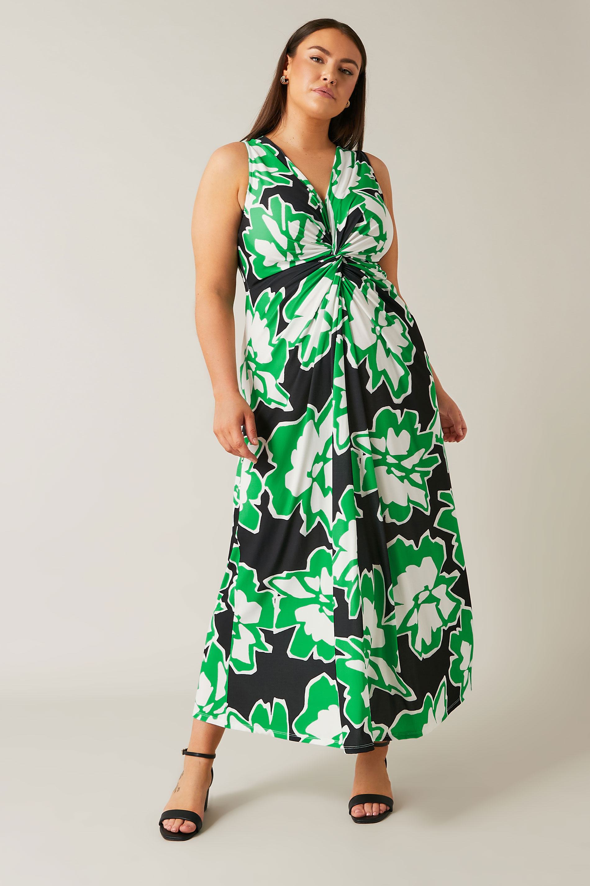EVANS Plus Size Green Abstract Floral Print Twist Front Maxi Dress | Evans 2