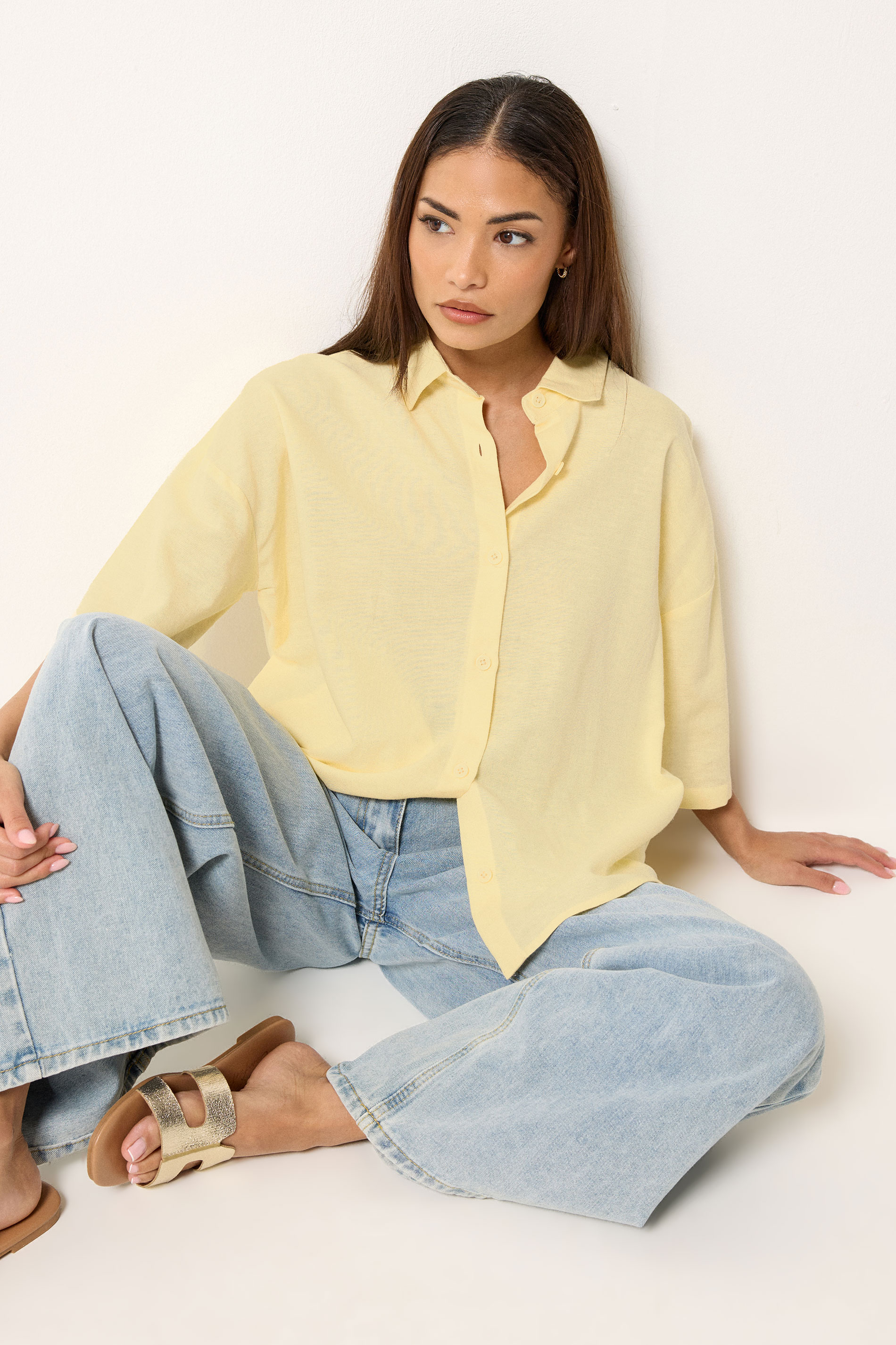 PixieGirl Petite Women's Yellow Short Sleeve Linen Shirt | PixieGirl 3