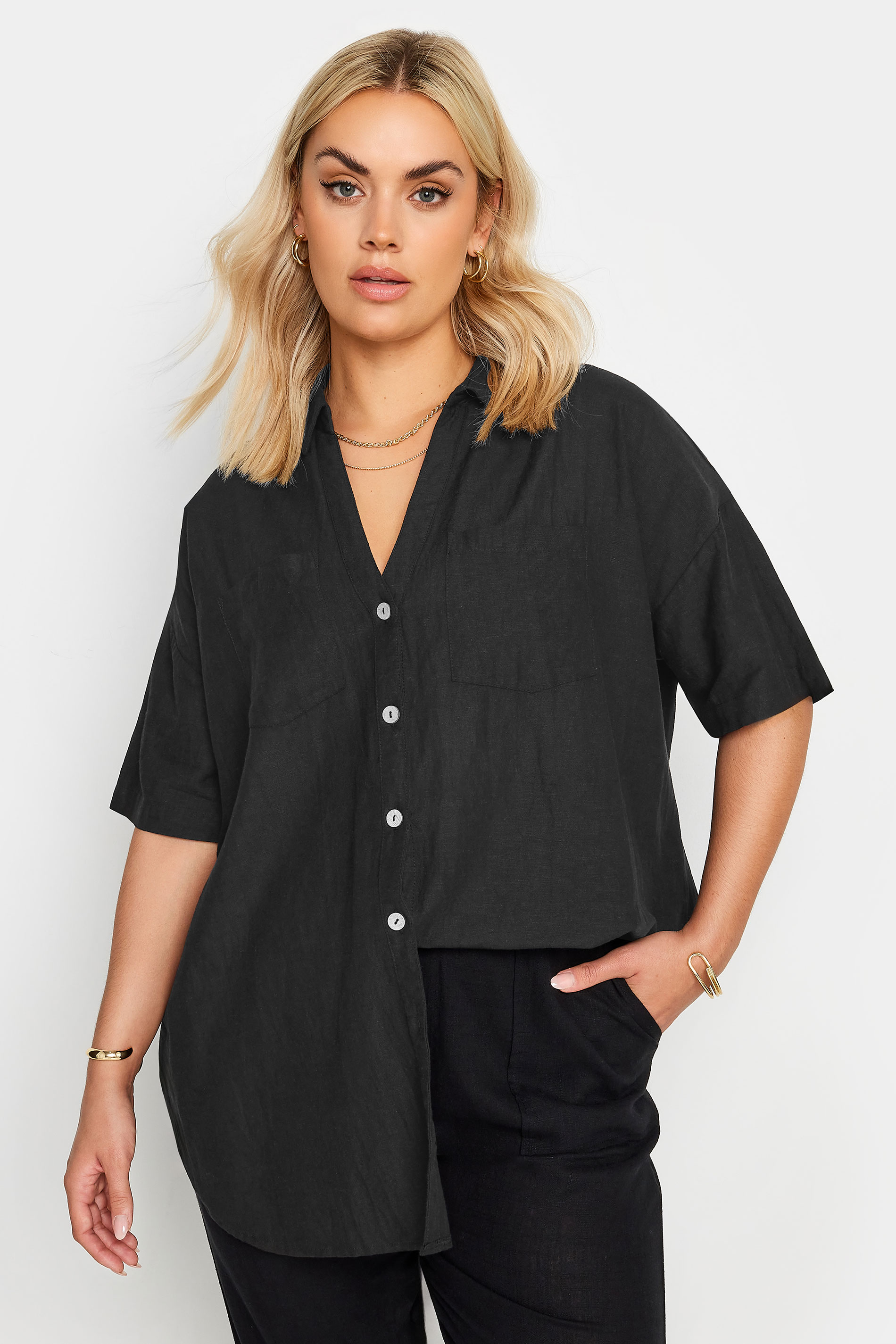 YOURS Plus Size Black Utility Linen Shirt | Yours Clothing 3