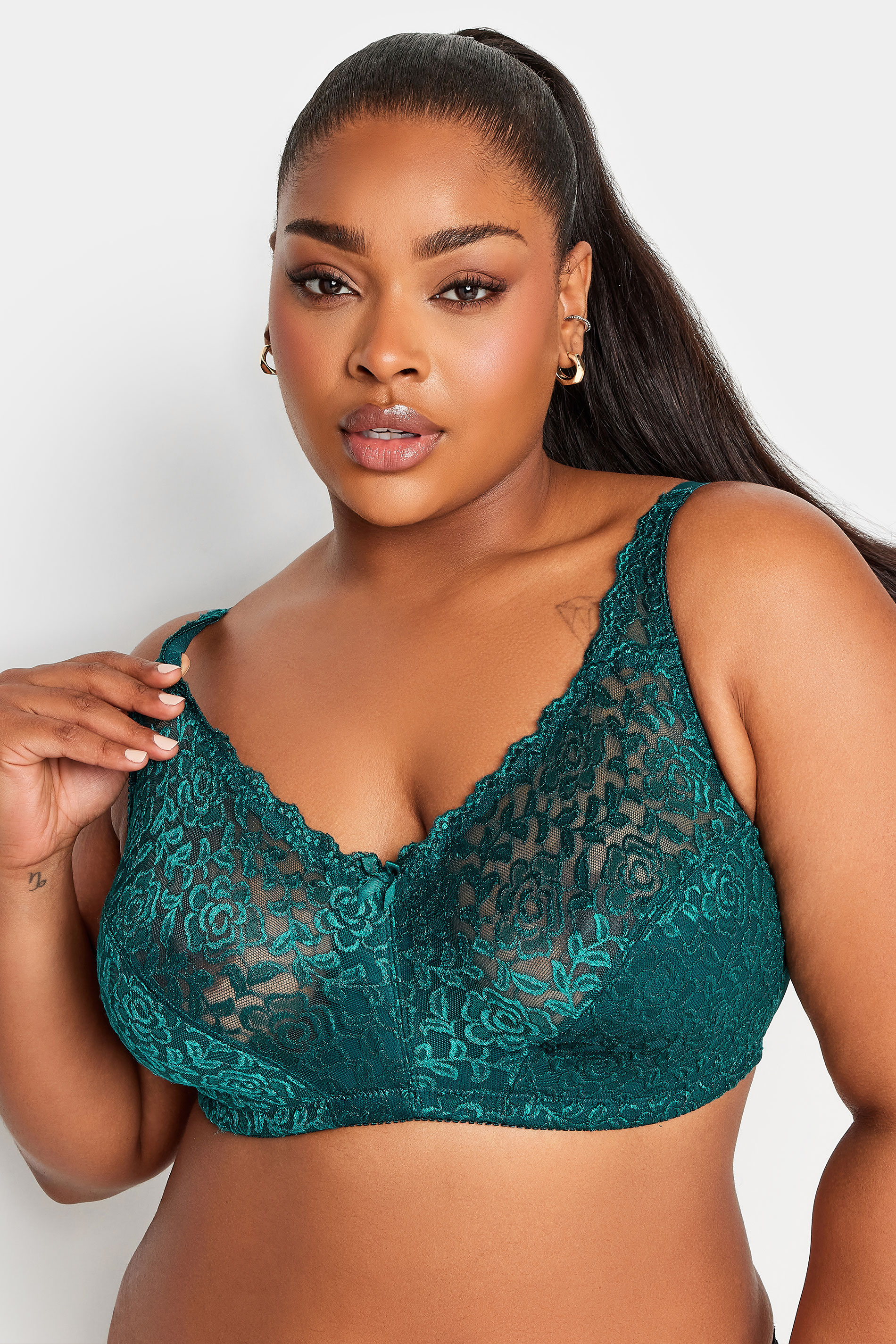 YOURS Plus Size Green Hi Shine Lace Non-Padded Non-Wired Full Cup Bra | Yours Clothing 1