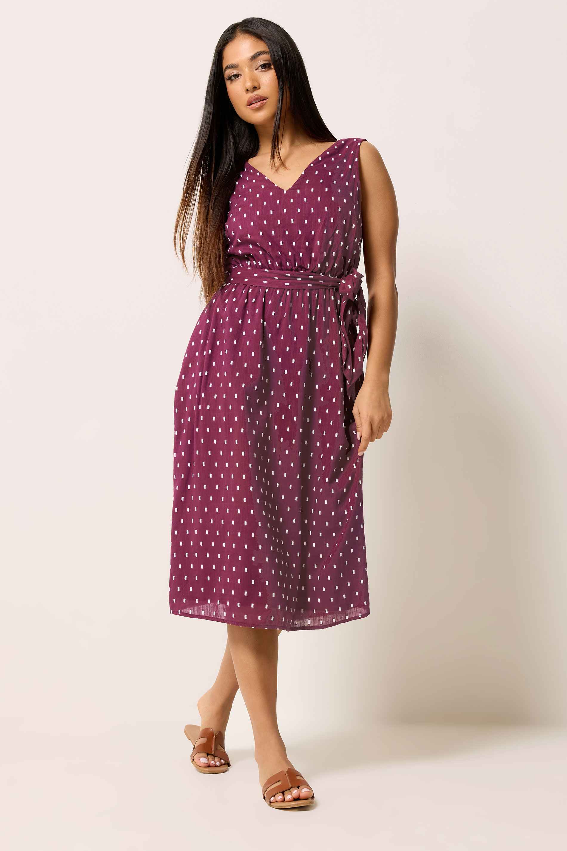 M&Co Petite Berry Purple Dobby Tie Waist Midi Dress | M&Co 2