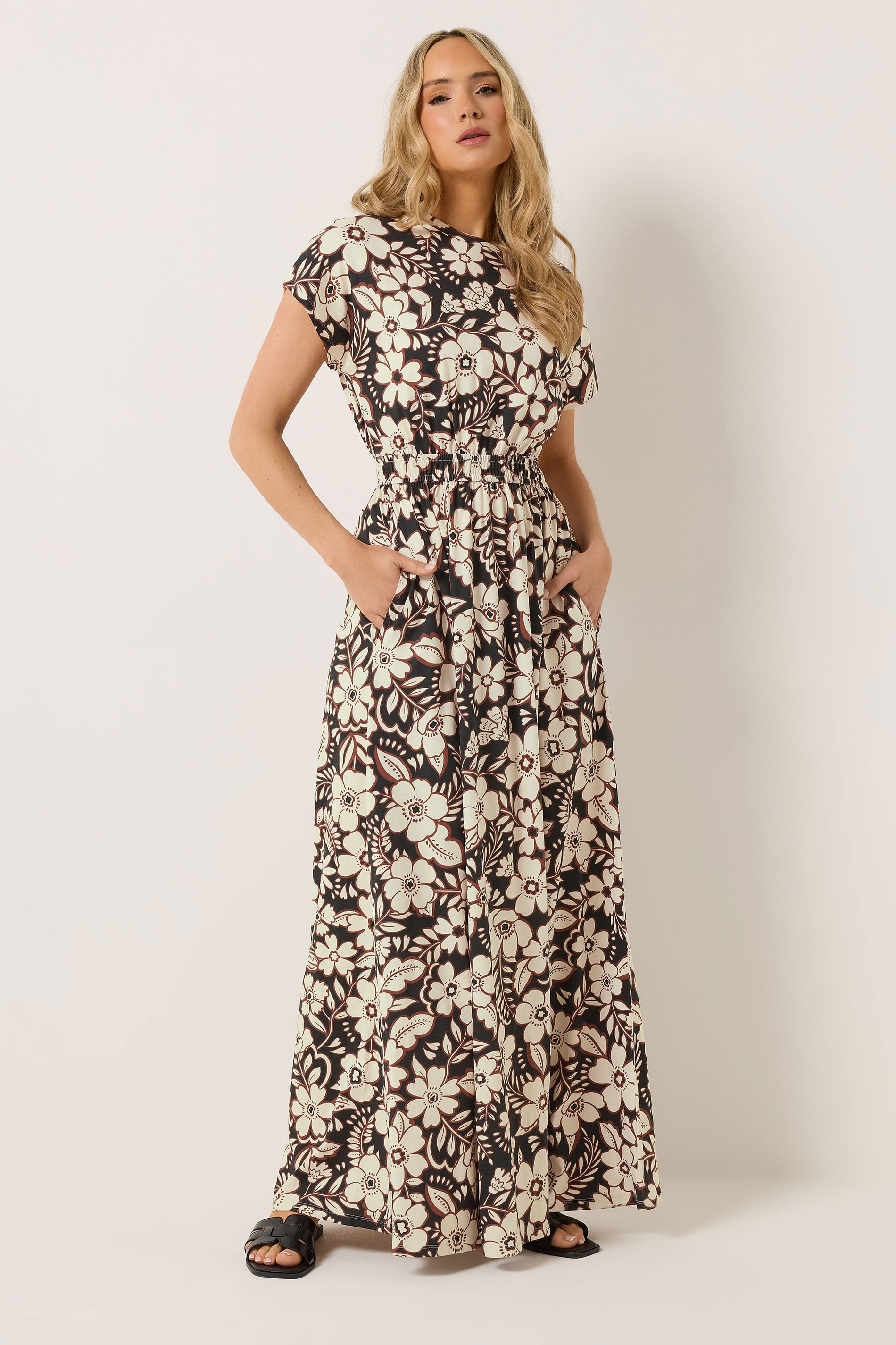 LTS Tall Women's Black Floral Shirred Waist Cotton Maxi Dress | Long Tall Sally 1