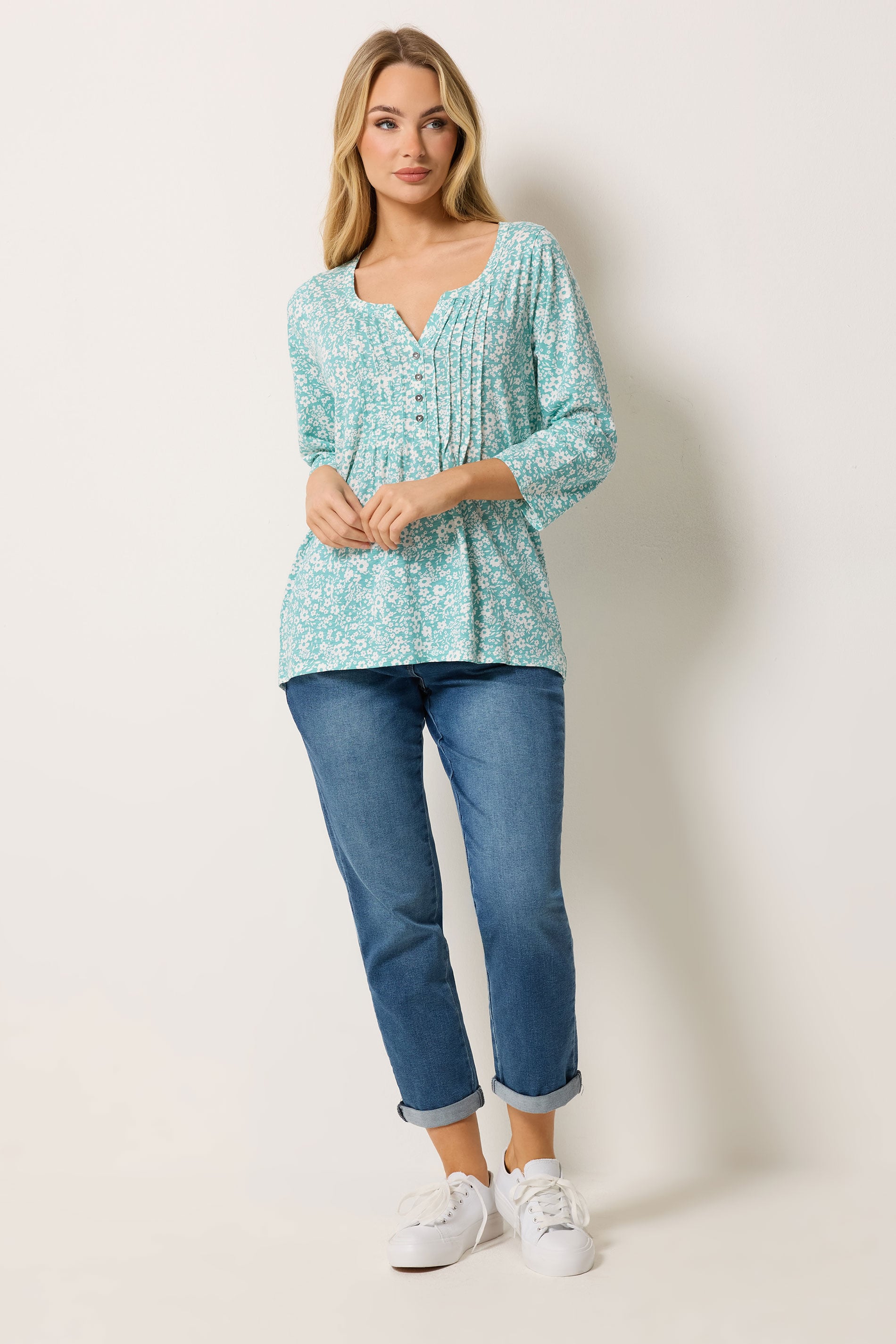M&Co Green Floral Cotton Henley Top | M&Co 1