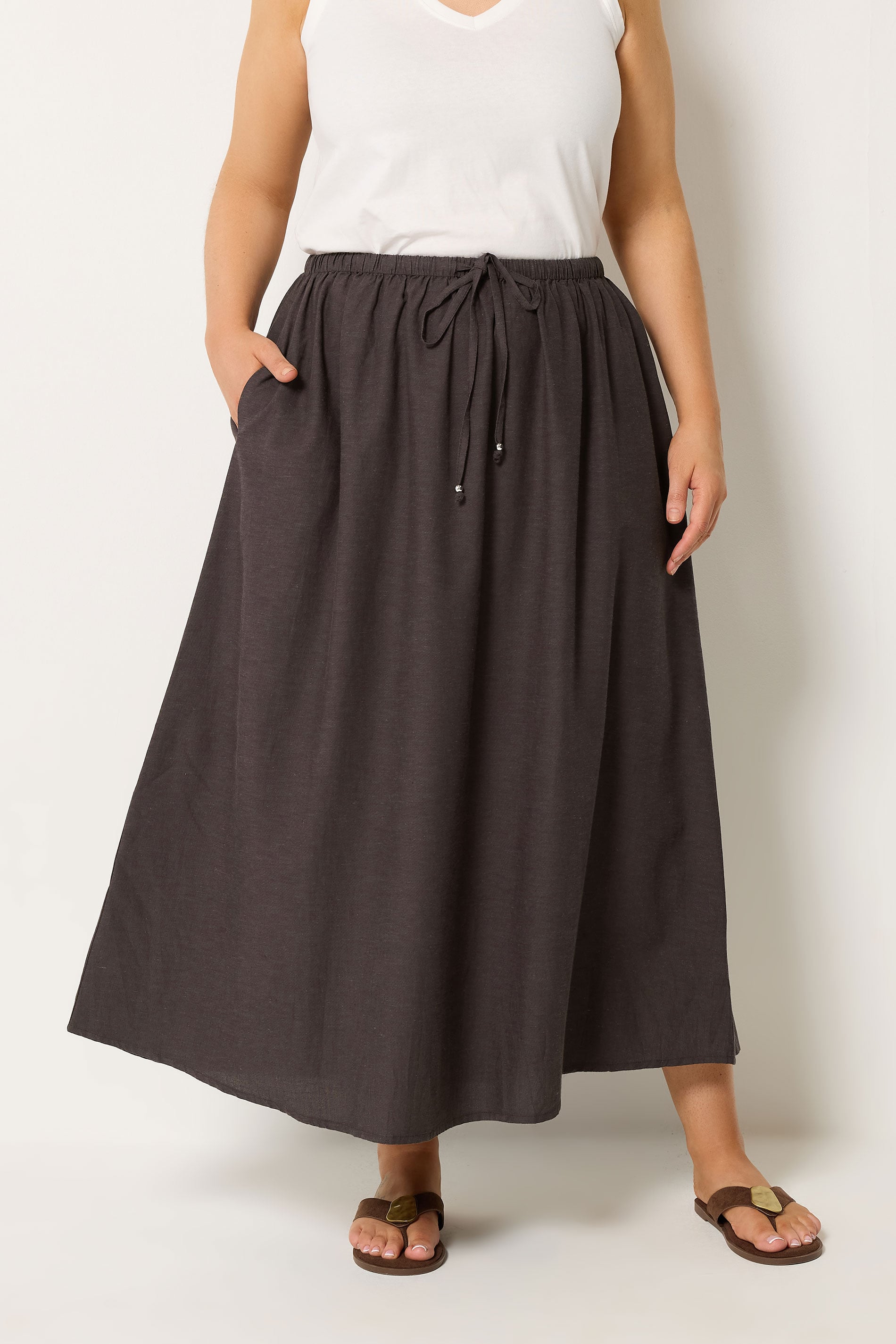 YOURS Plus Size Chocolate Brown Linen Maxi Skirt | Yours Clothing 3