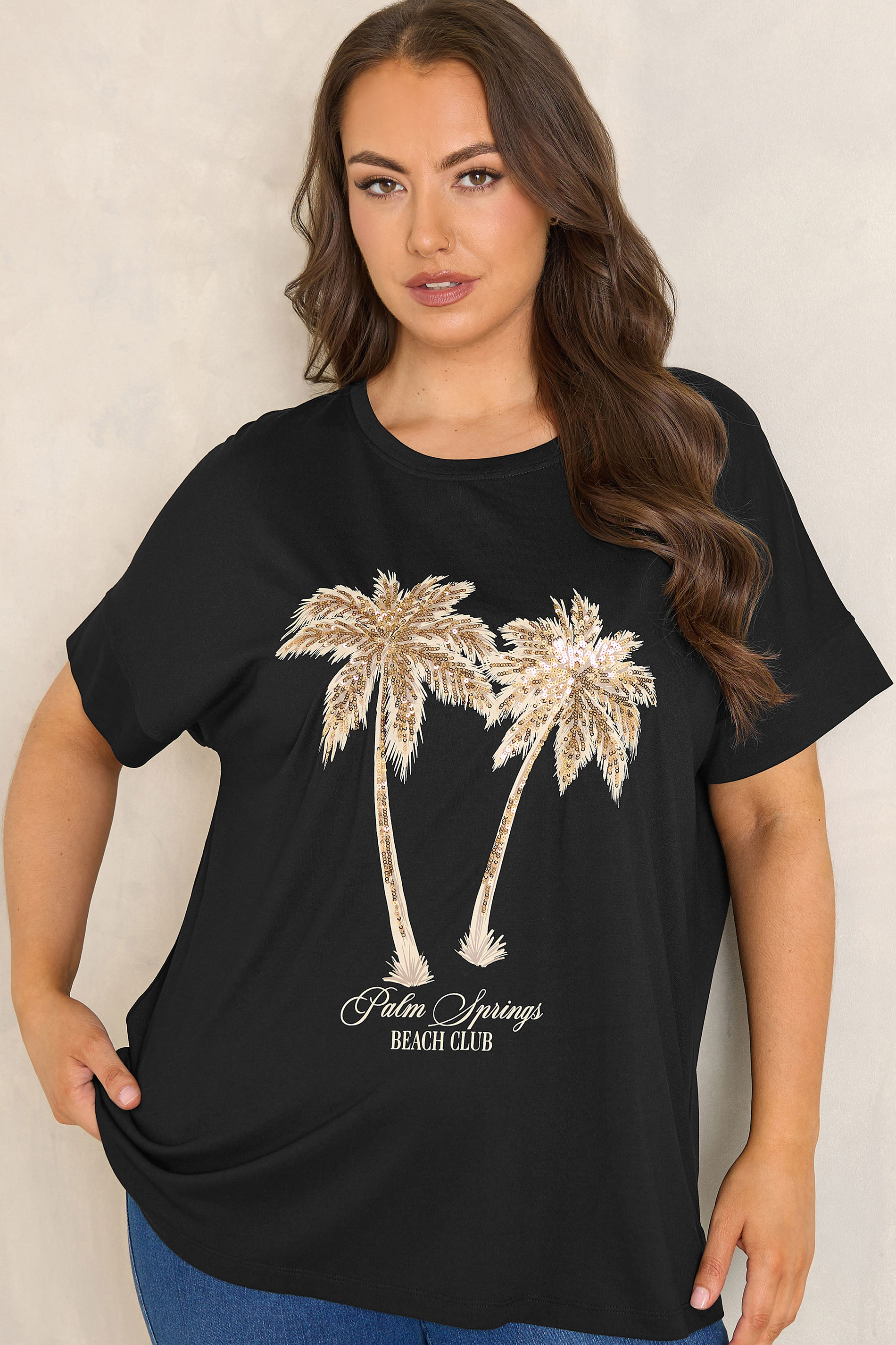 EVANS Plus Size Black Sequin Embellished Palm Trees Graphic T-Shirt | Evans  3