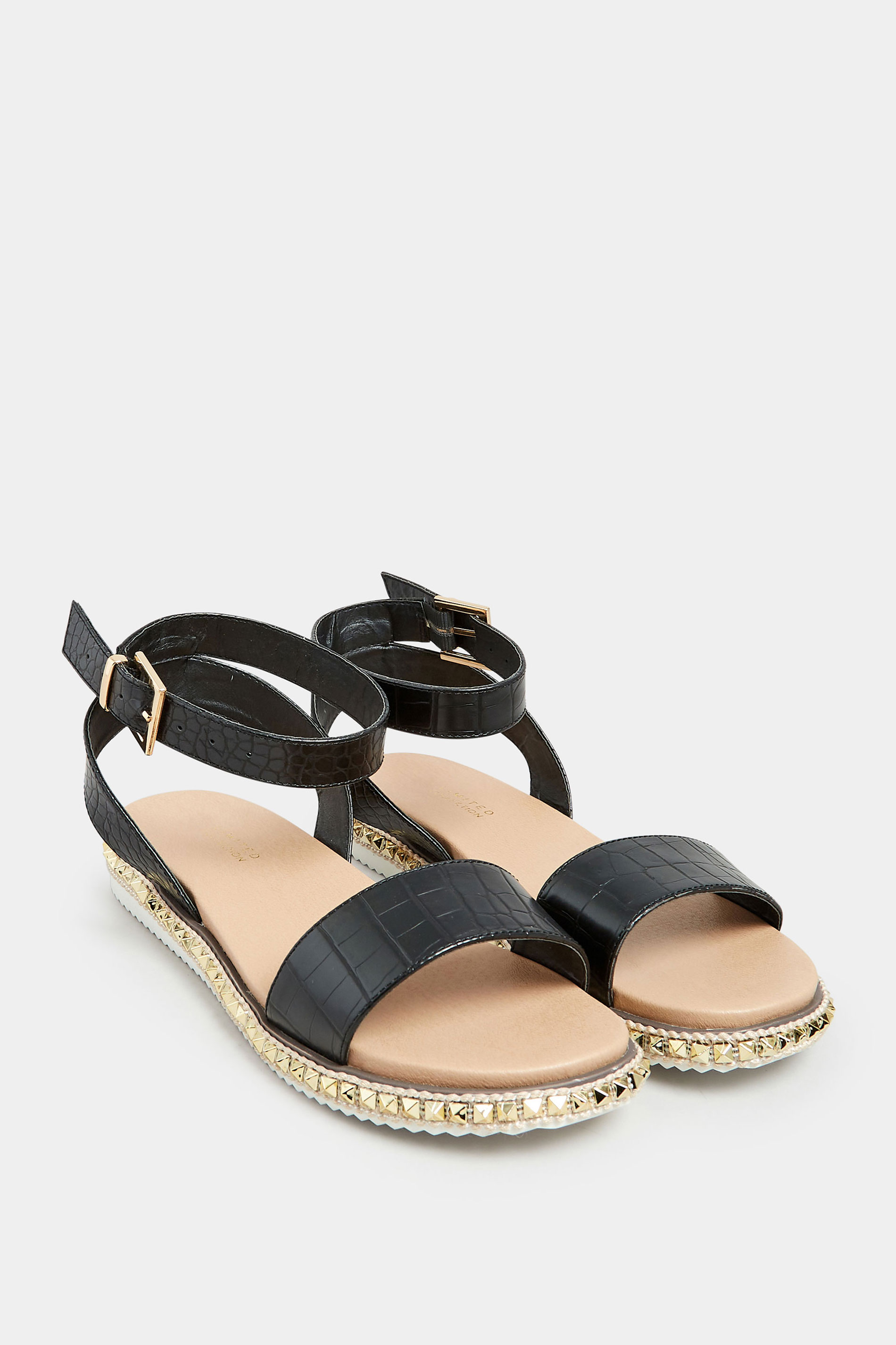 Black Croc Faux Leather Studded Sandals In Extra Wide EEE Fit | Yours Clothing 2