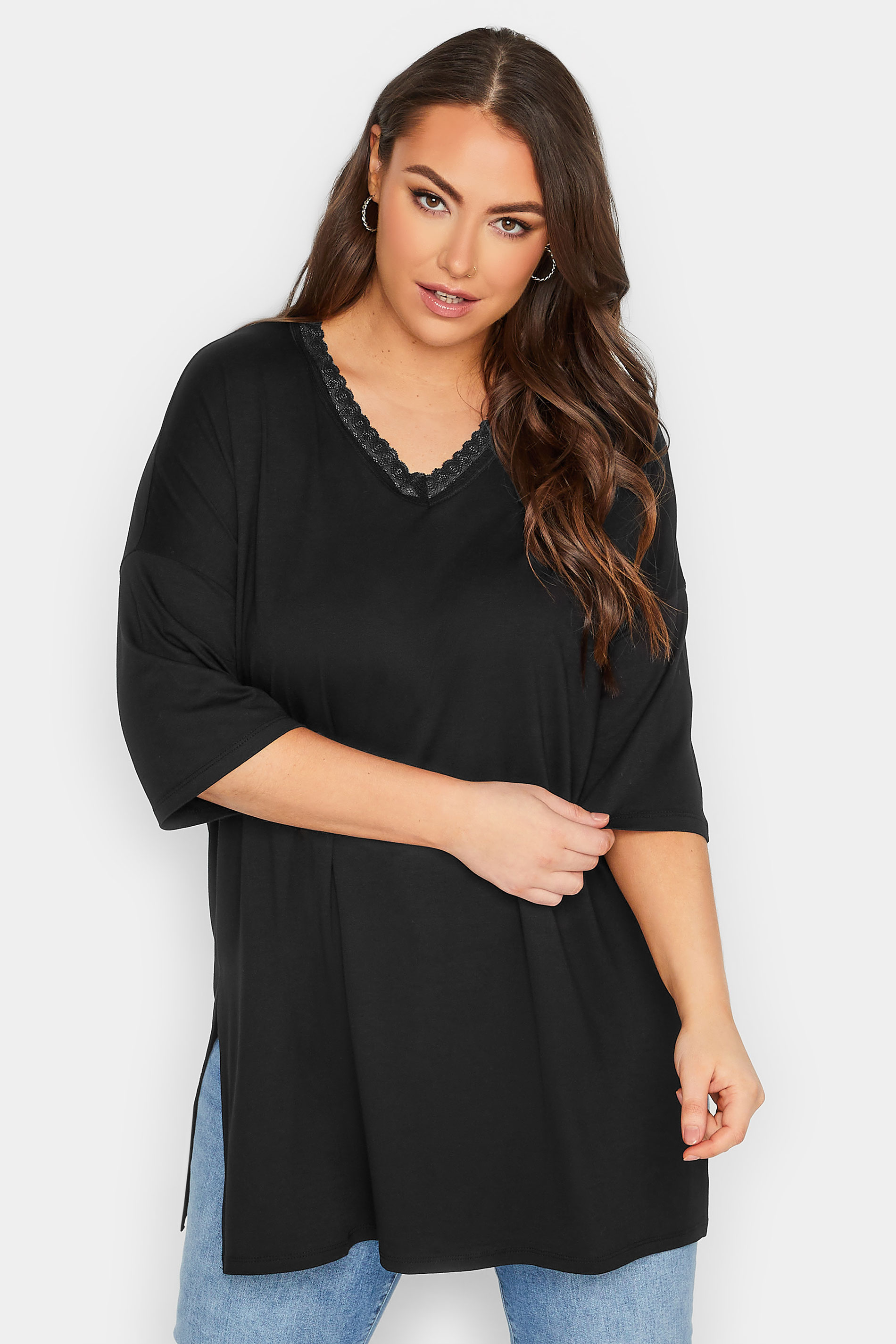 YOURS Plus Size Black Lace Neck T-Shirt | Yours Clothing 1