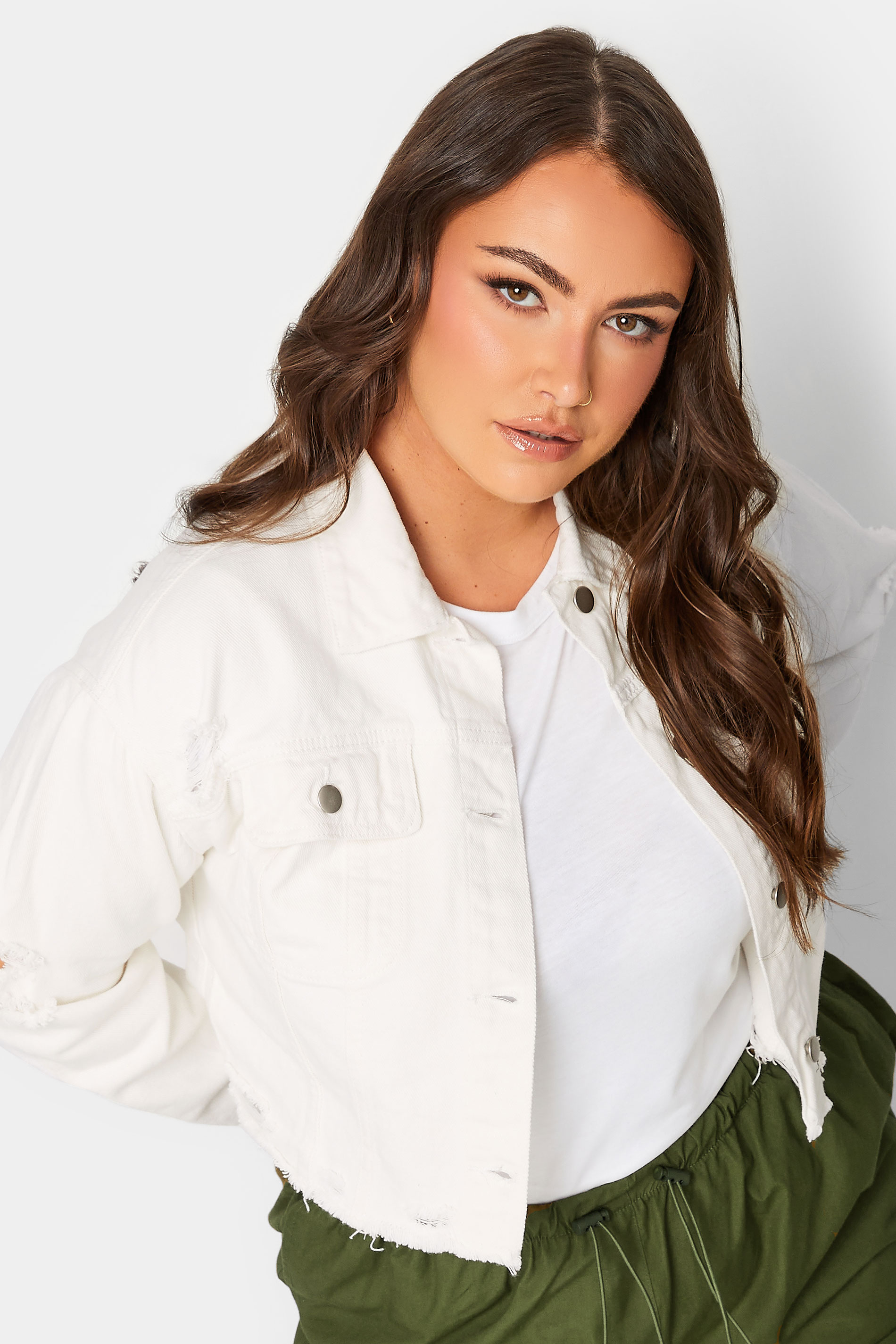 Plus Size White Cropped Distressed Denim Jacket | Yours Clothing  1