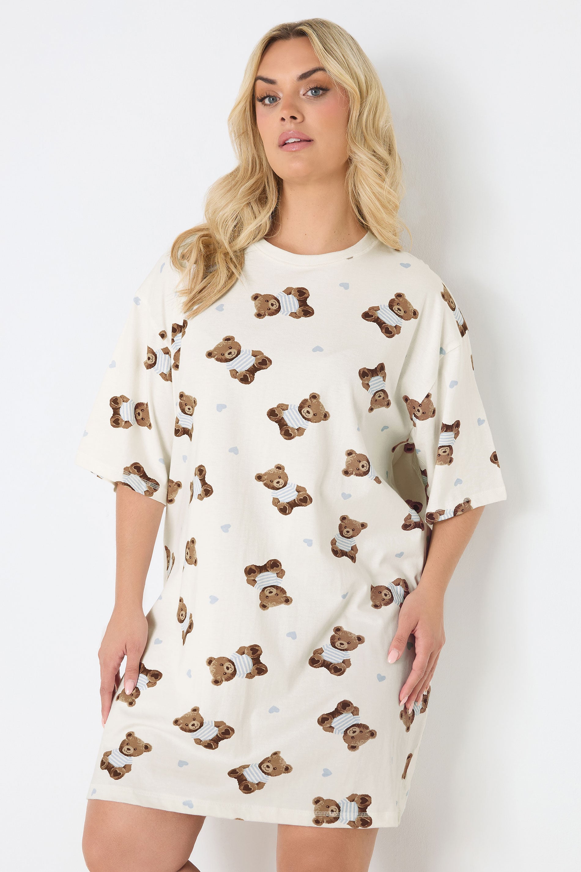 YOURS Plus Size Ivory White Teddy Print Sleep Tee Nightdress | Yours Clothing 3