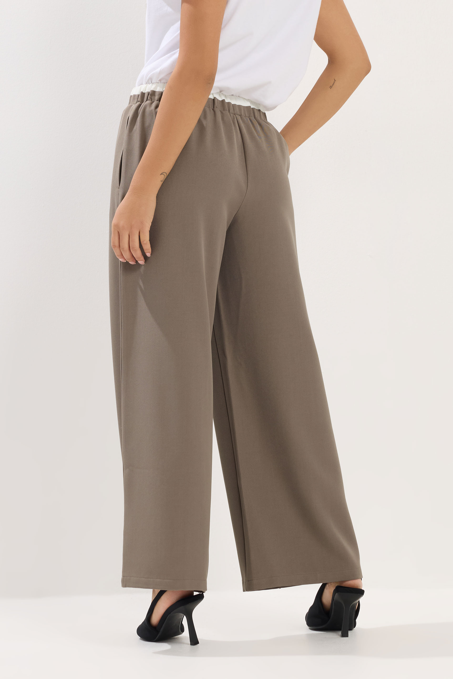 PixieGirl Petite Women's Natural Brown Contrast Waist Wide Leg Trousers | PixieGirl 4