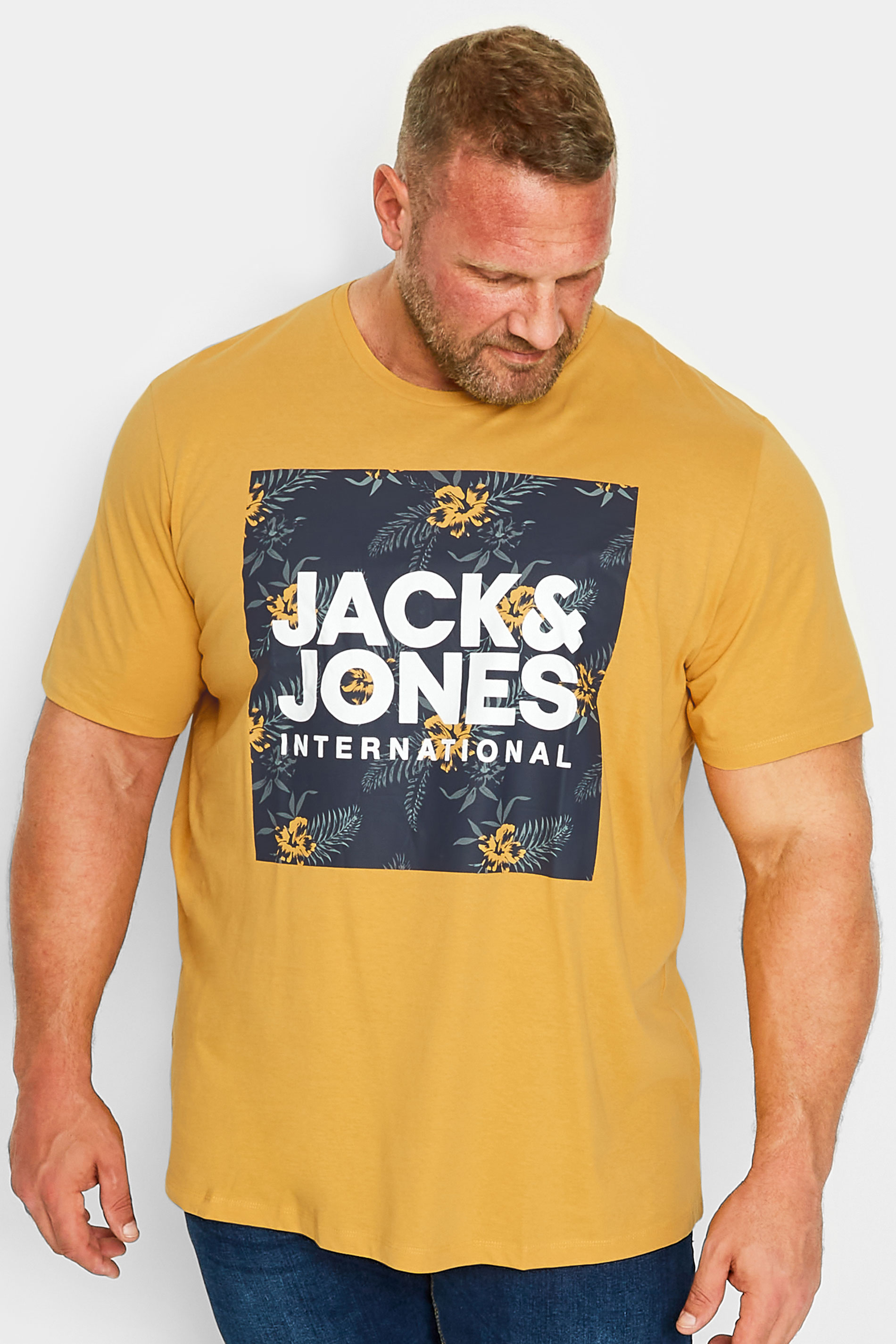 JACK & JONES Big & Tall Yellow Tropical Logo Print T-Shirt | BadRhino 1